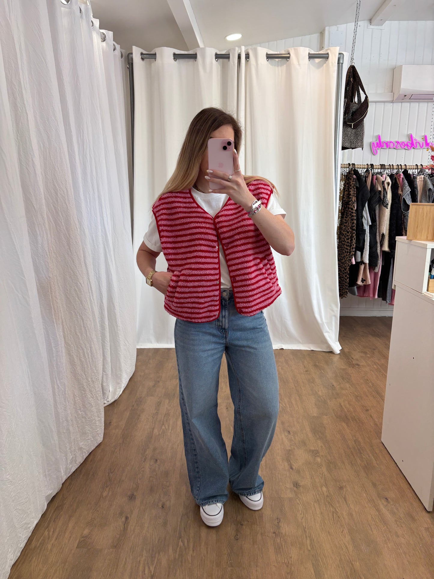 Veste sans manches ABY rayé Rouge et Rose