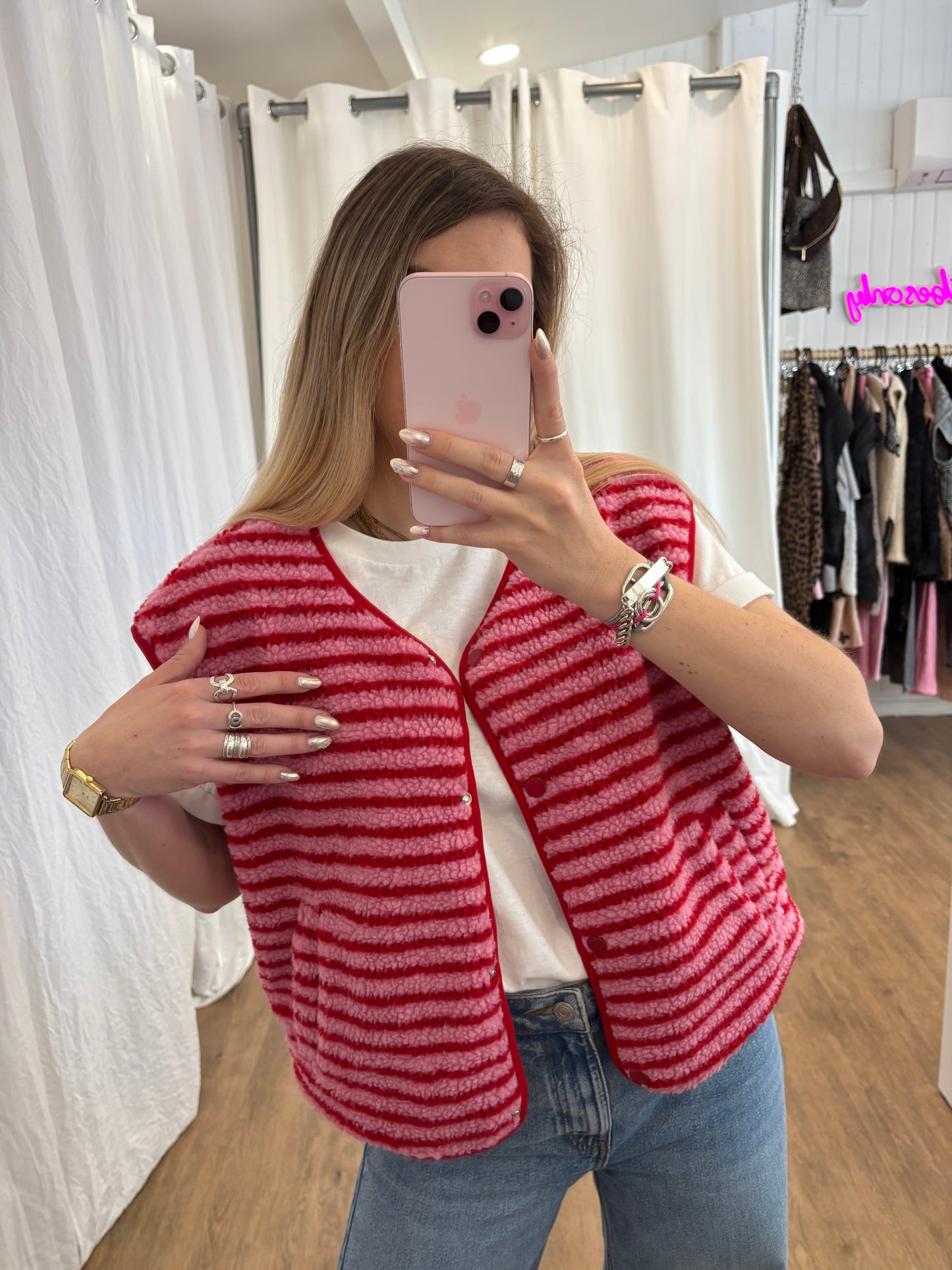 Veste sans manches ABY rayé Rouge et Rose