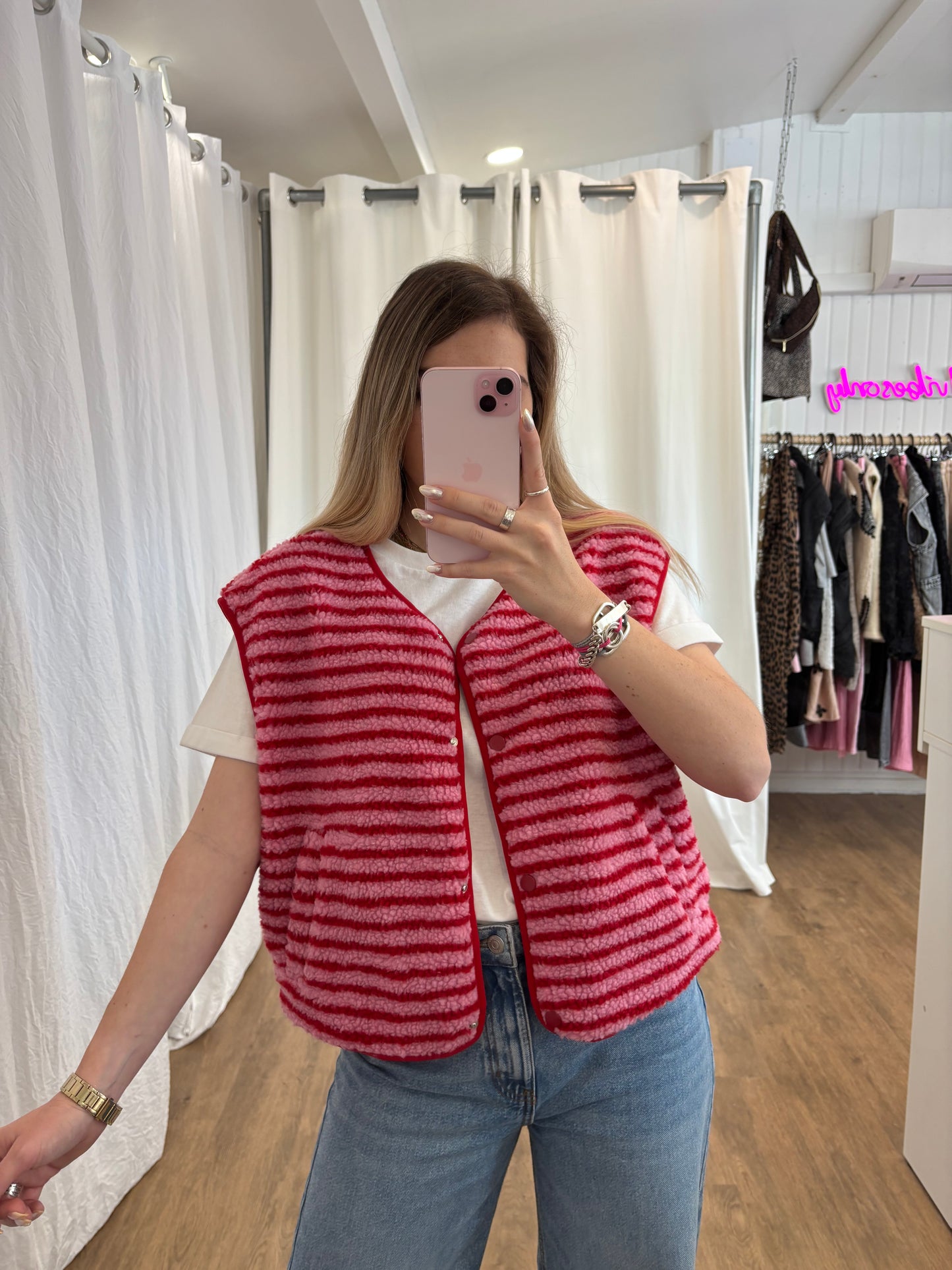 Veste sans manches ABY rayé Rouge et Rose