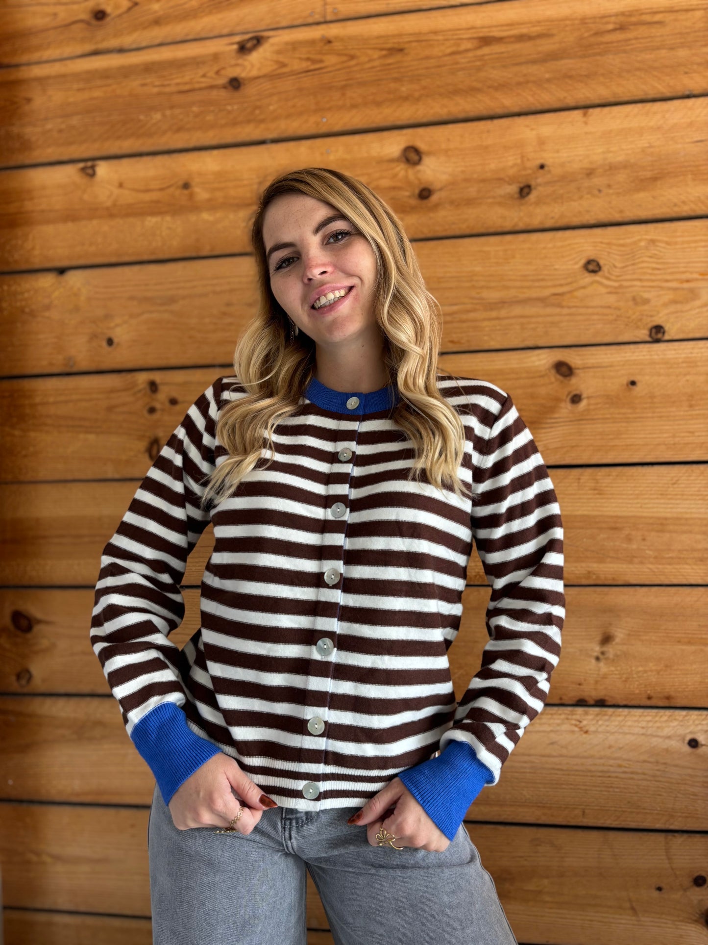 Gilet GIGI marinière Bleu royal / Marron