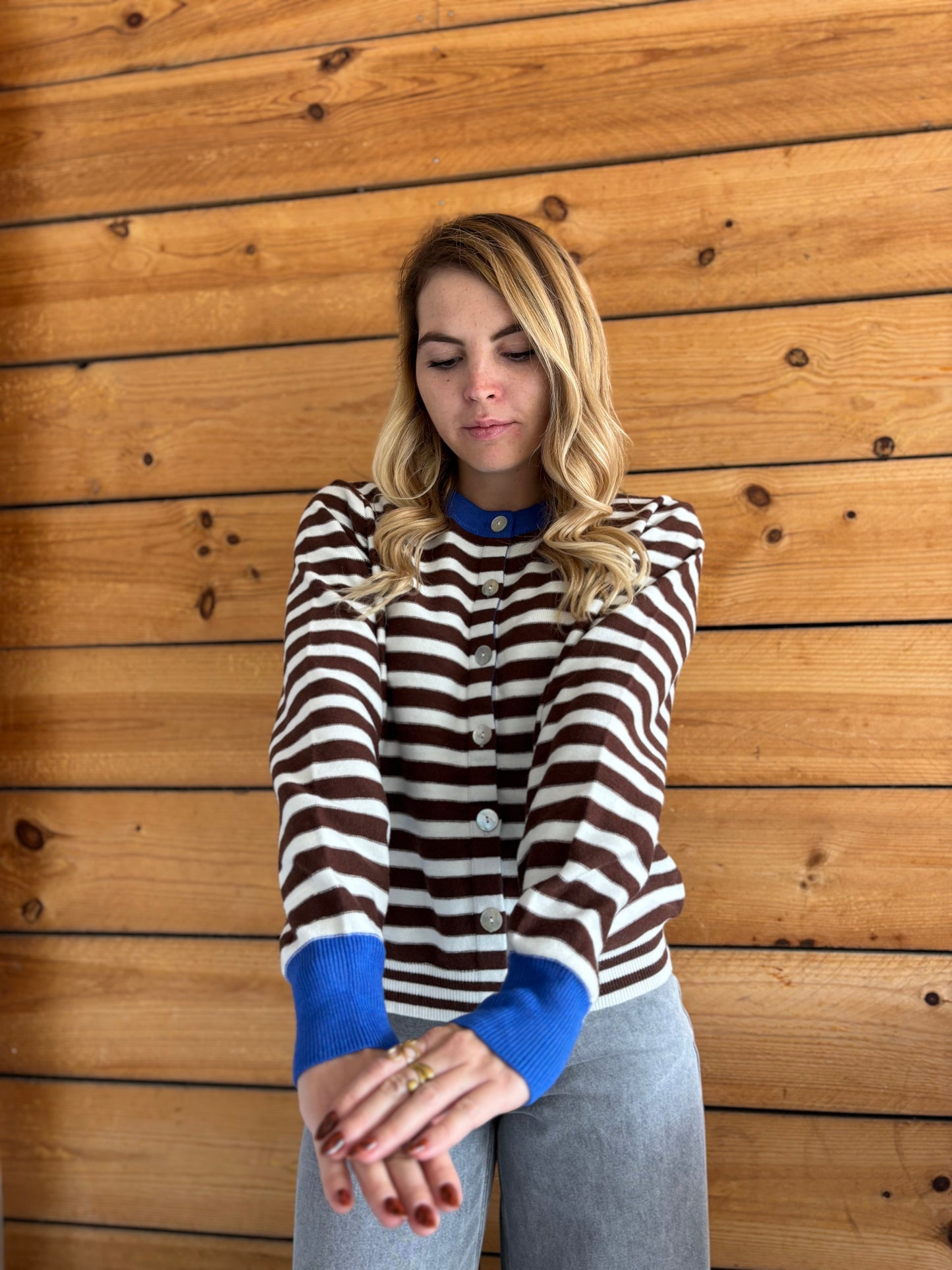 Gilet GIGI marinière Bleu royal / Marron