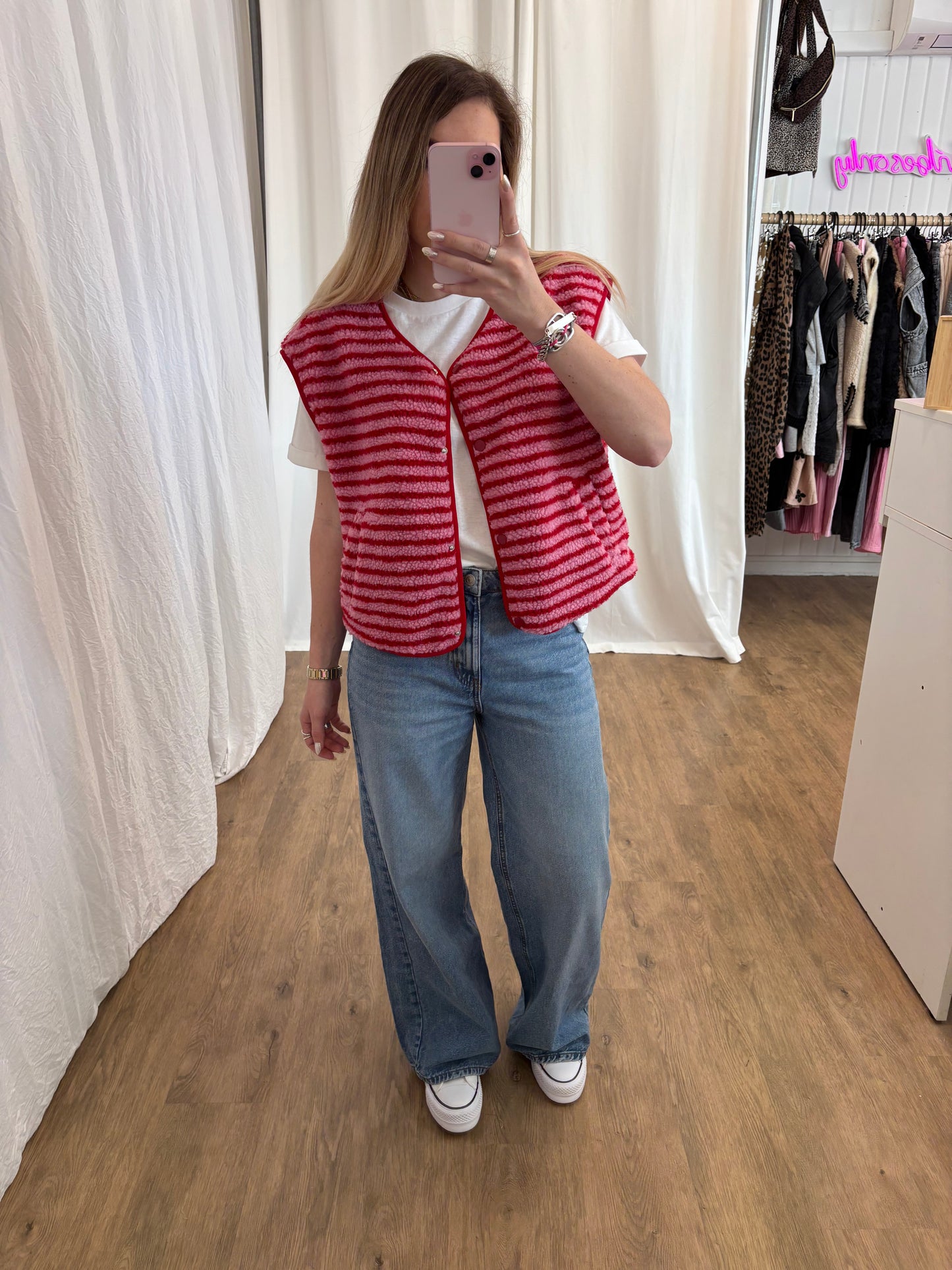 Veste sans manches ABY rayé Rouge et Rose