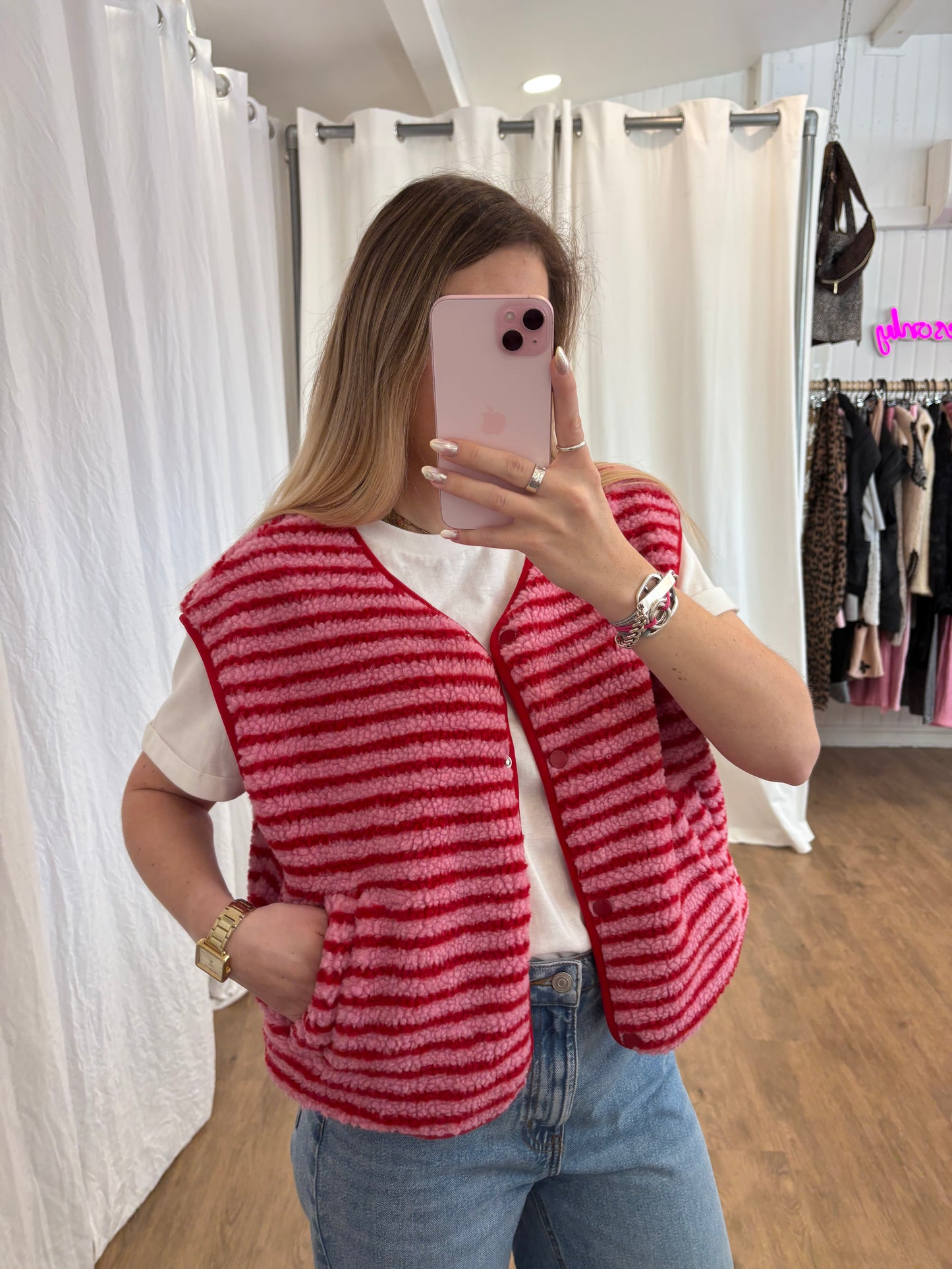 Veste sans manches ABY rayé Rouge et Rose