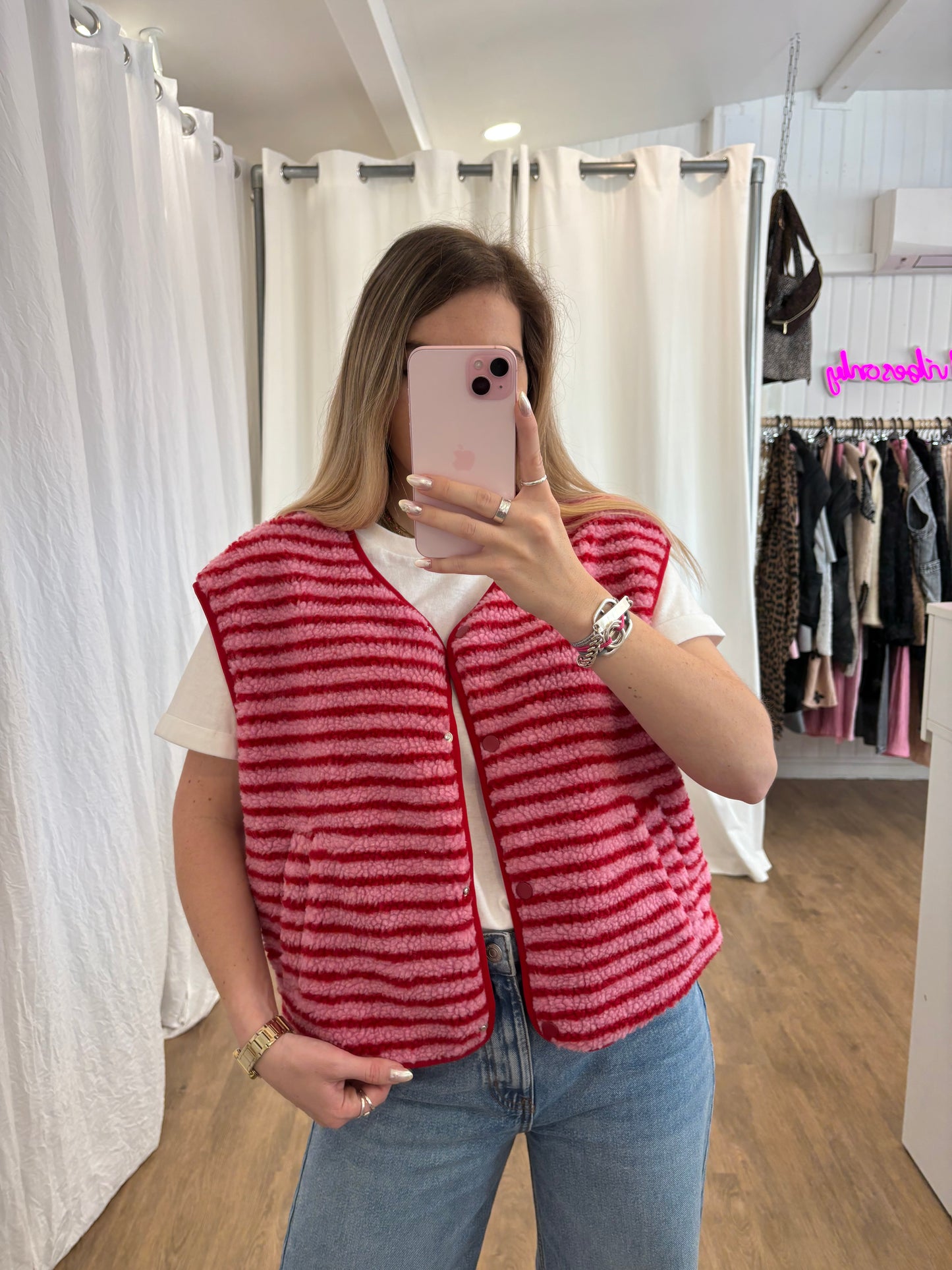 Veste sans manches ABY rayé Rouge et Rose