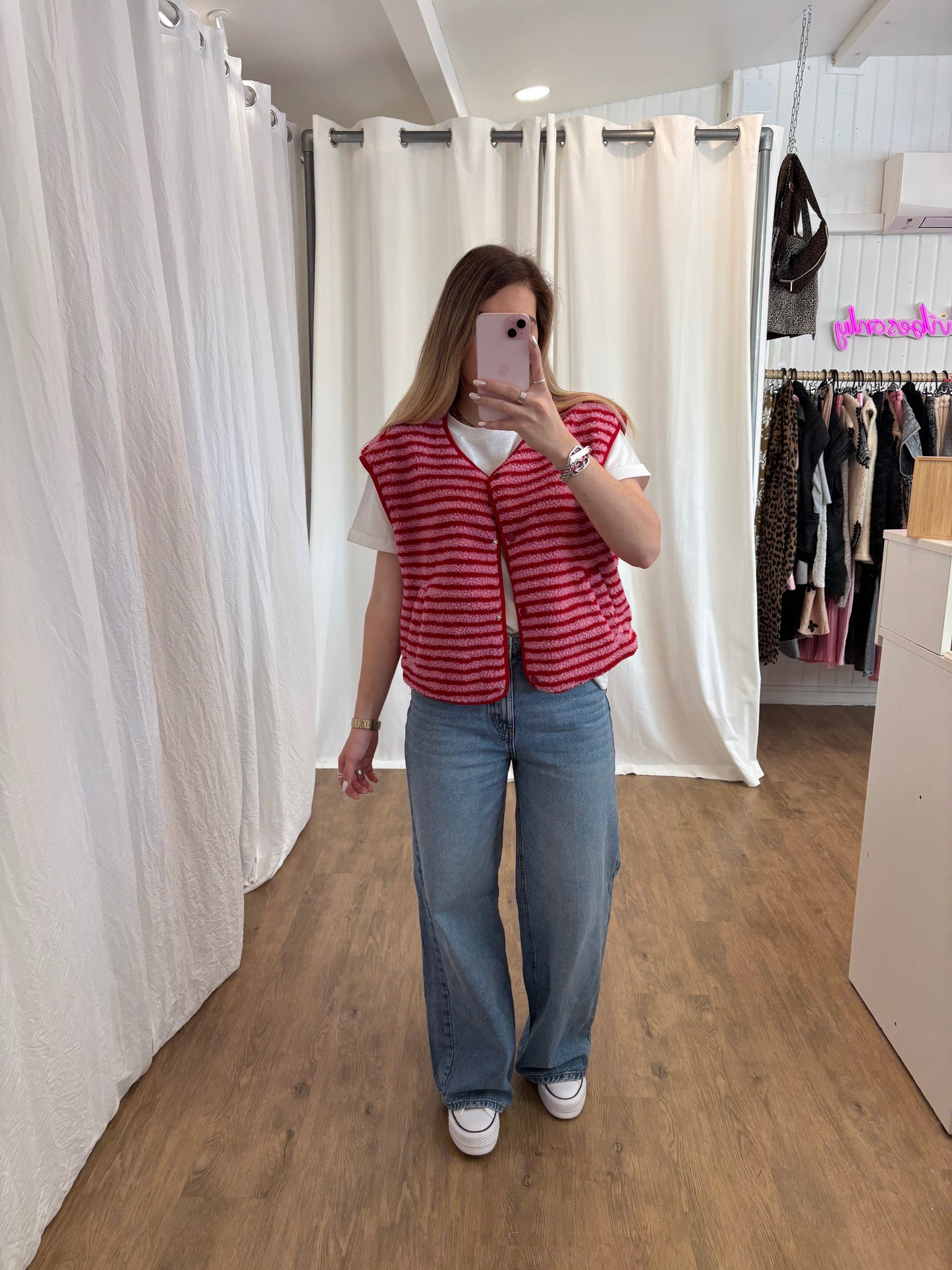 Veste sans manches ABY rayé Rouge et Rose