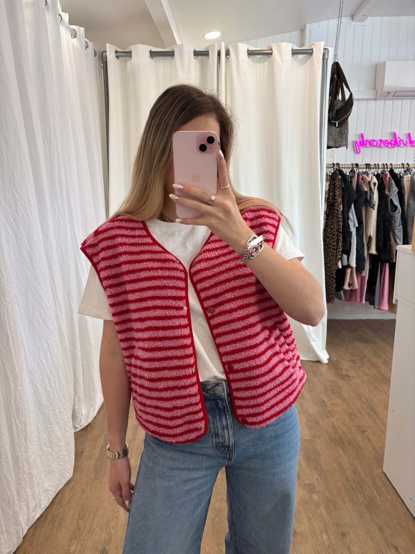 Veste sans manches ABY rayé Rouge et Rose