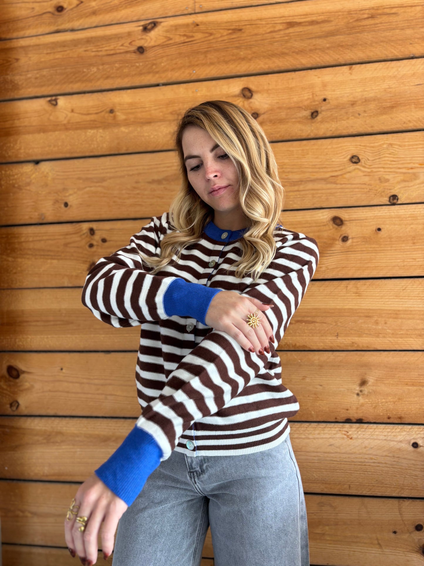Gilet GIGI marinière Bleu royal / Marron