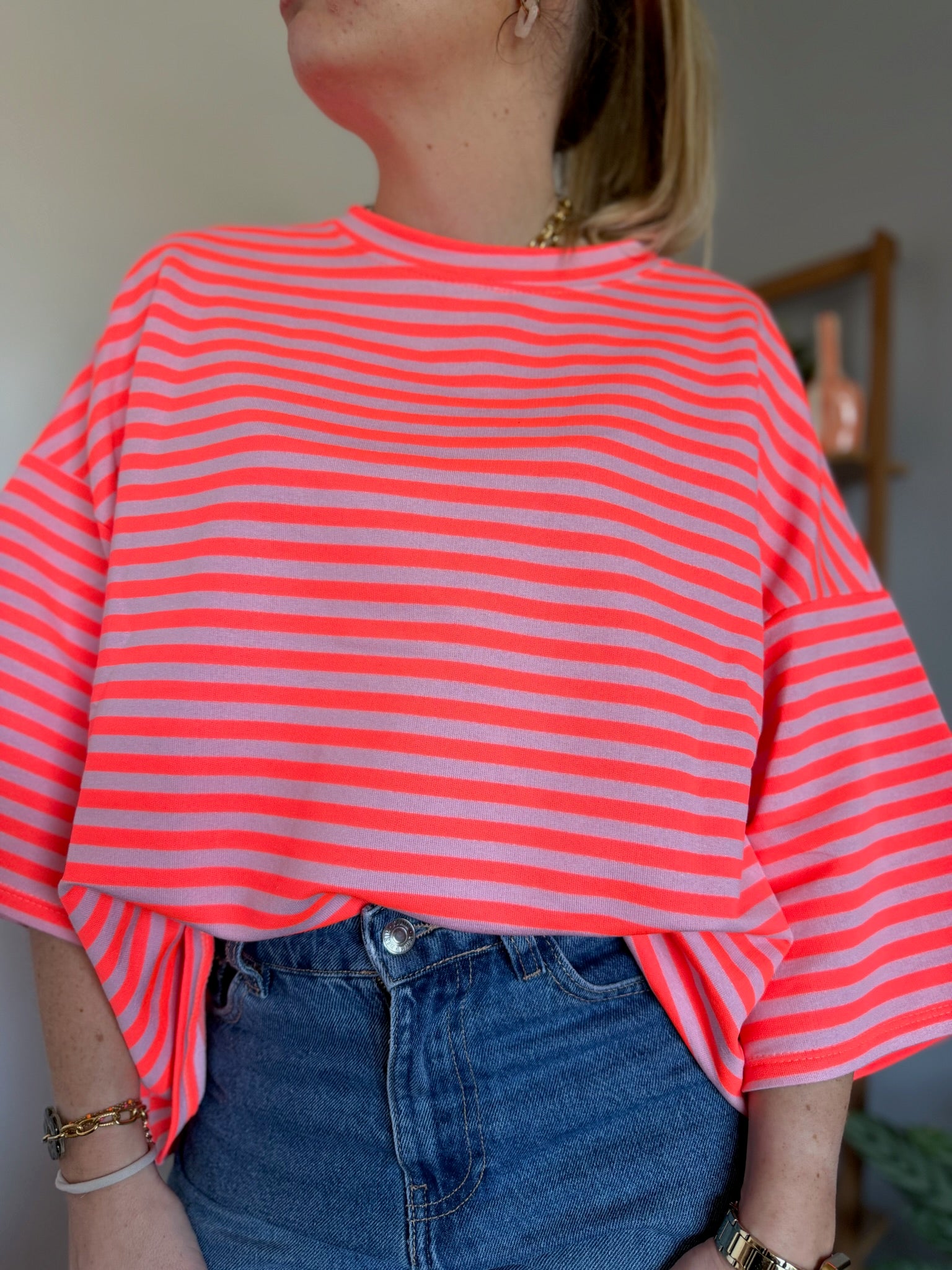 T-shirt marinière SOLEIL Corail fluo + Rose