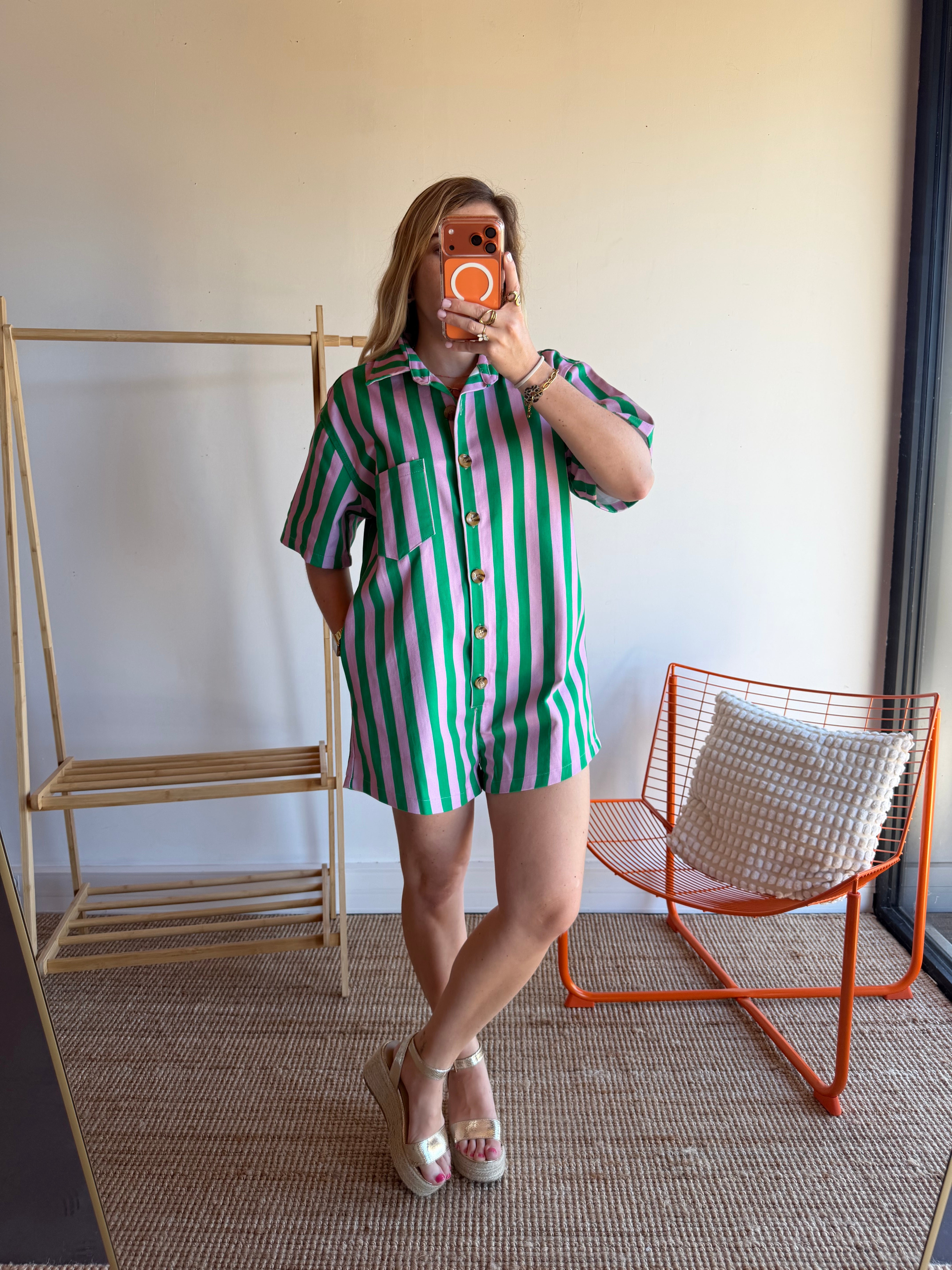 Combishort rayée JULIA vert + rose