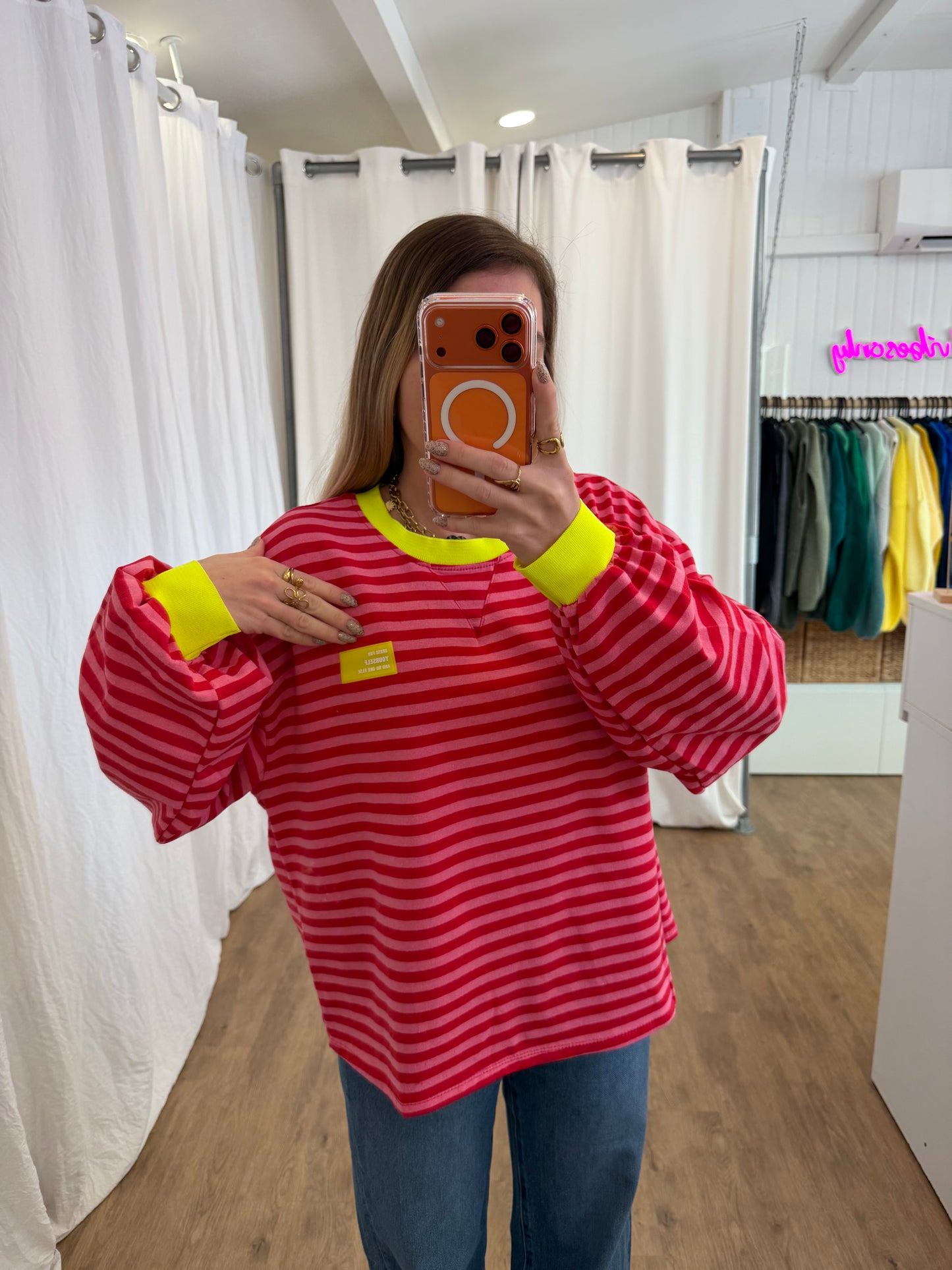 T-shirt manches longues YOURSELF marinière Rouge et Rose