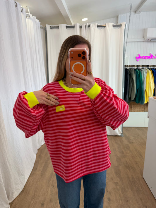 T-shirt manches longues YOURSELF marinière Rouge et Rose