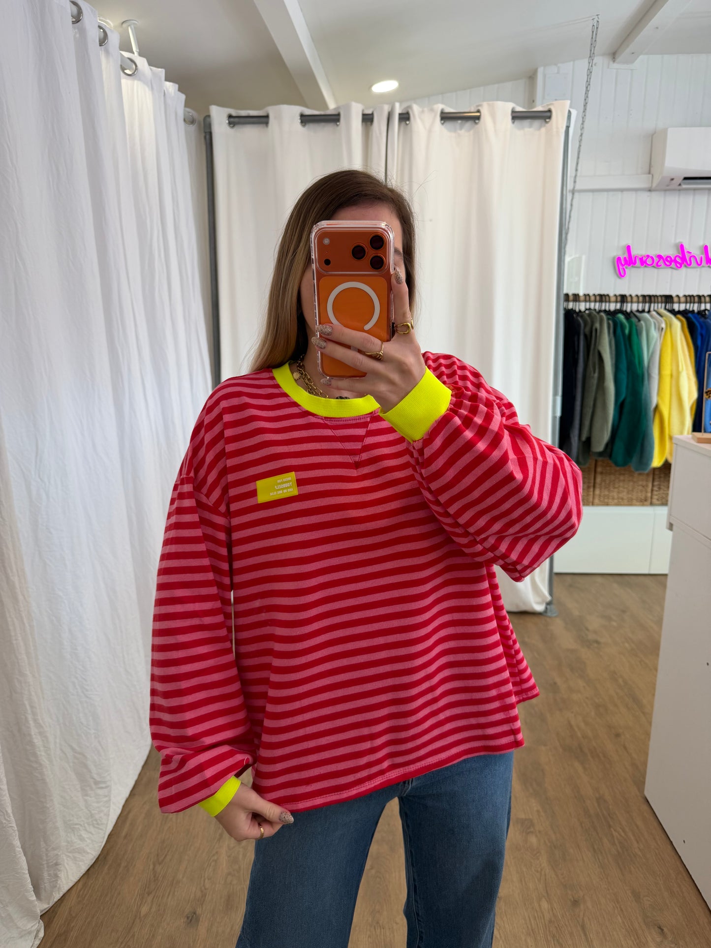 T-shirt manches longues YOURSELF marinière Rouge et Rose