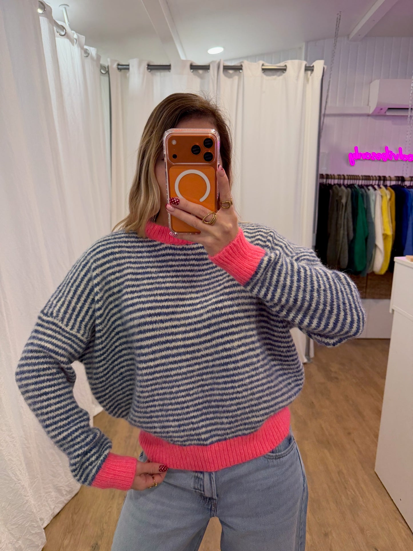 Pull SOLEN Bleu/Blanc/Rose fluo