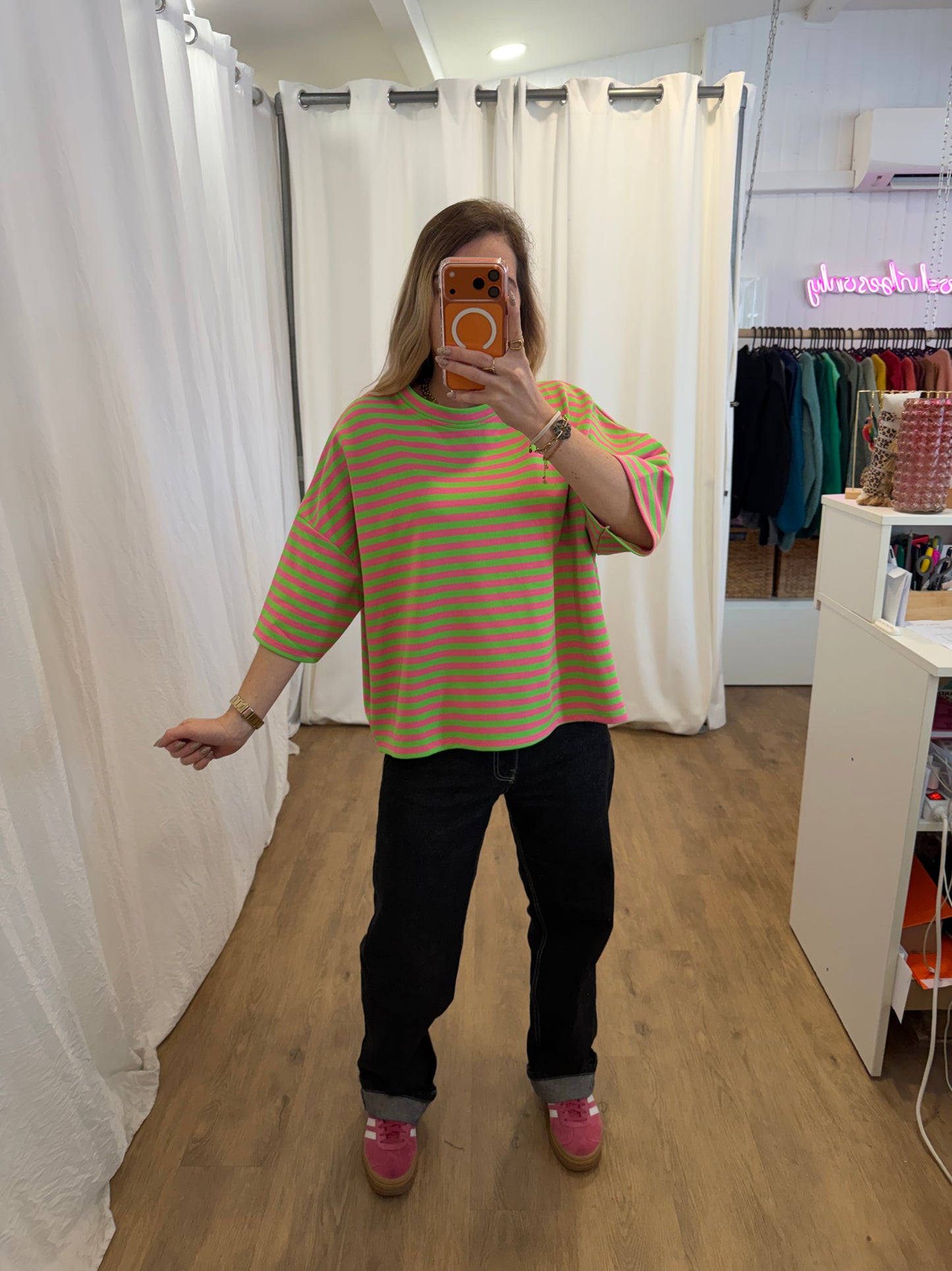 T-shirt LÉA marinière Vert + Rose