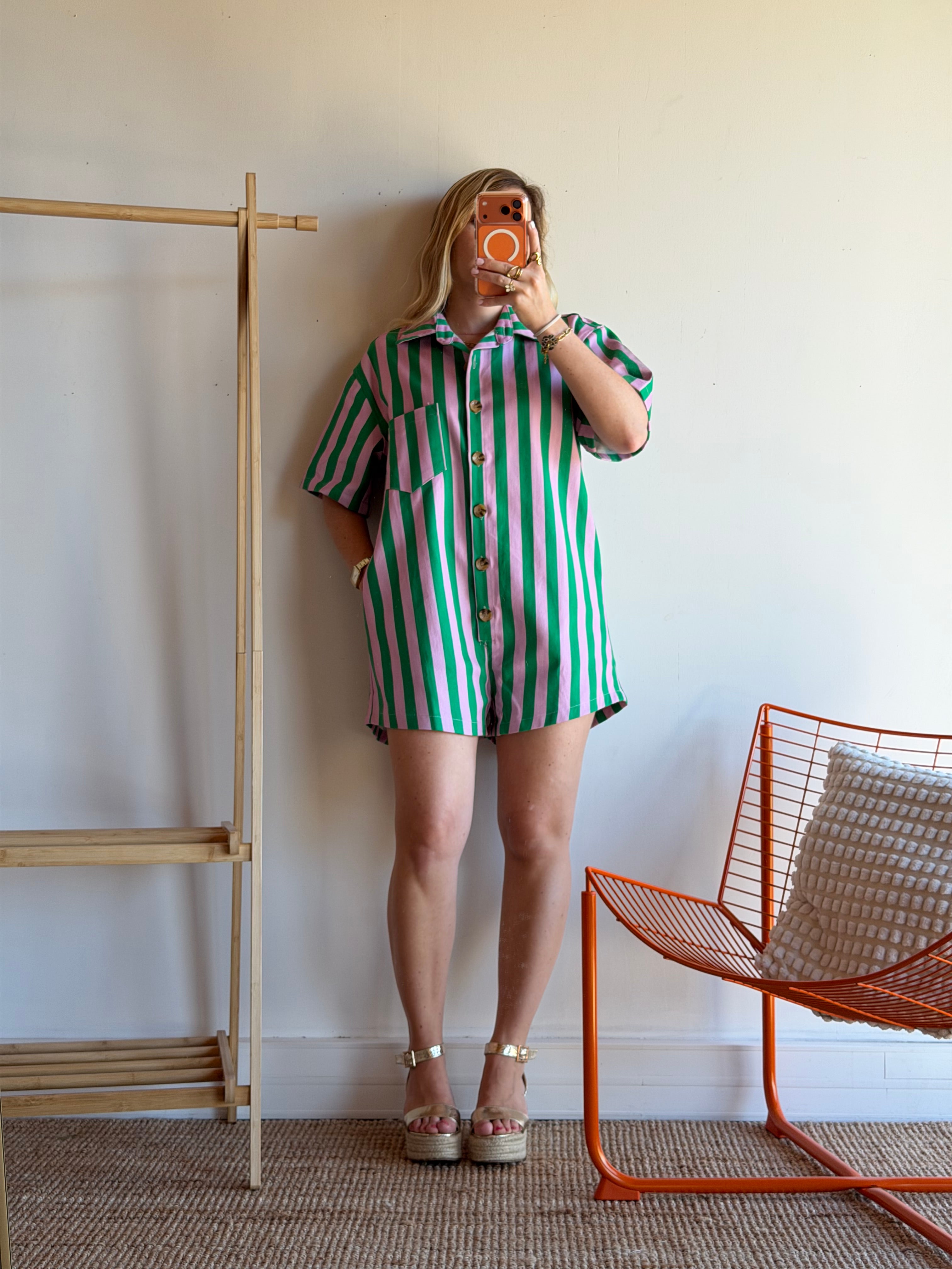 Combishort rayée JULIA vert + rose