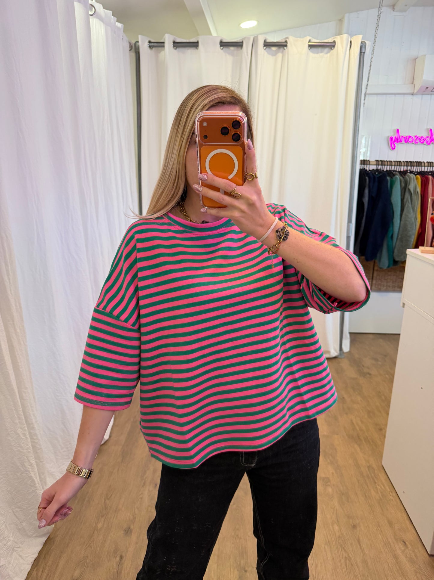 T-shirt LÉA marinière Rose + Vert sapin