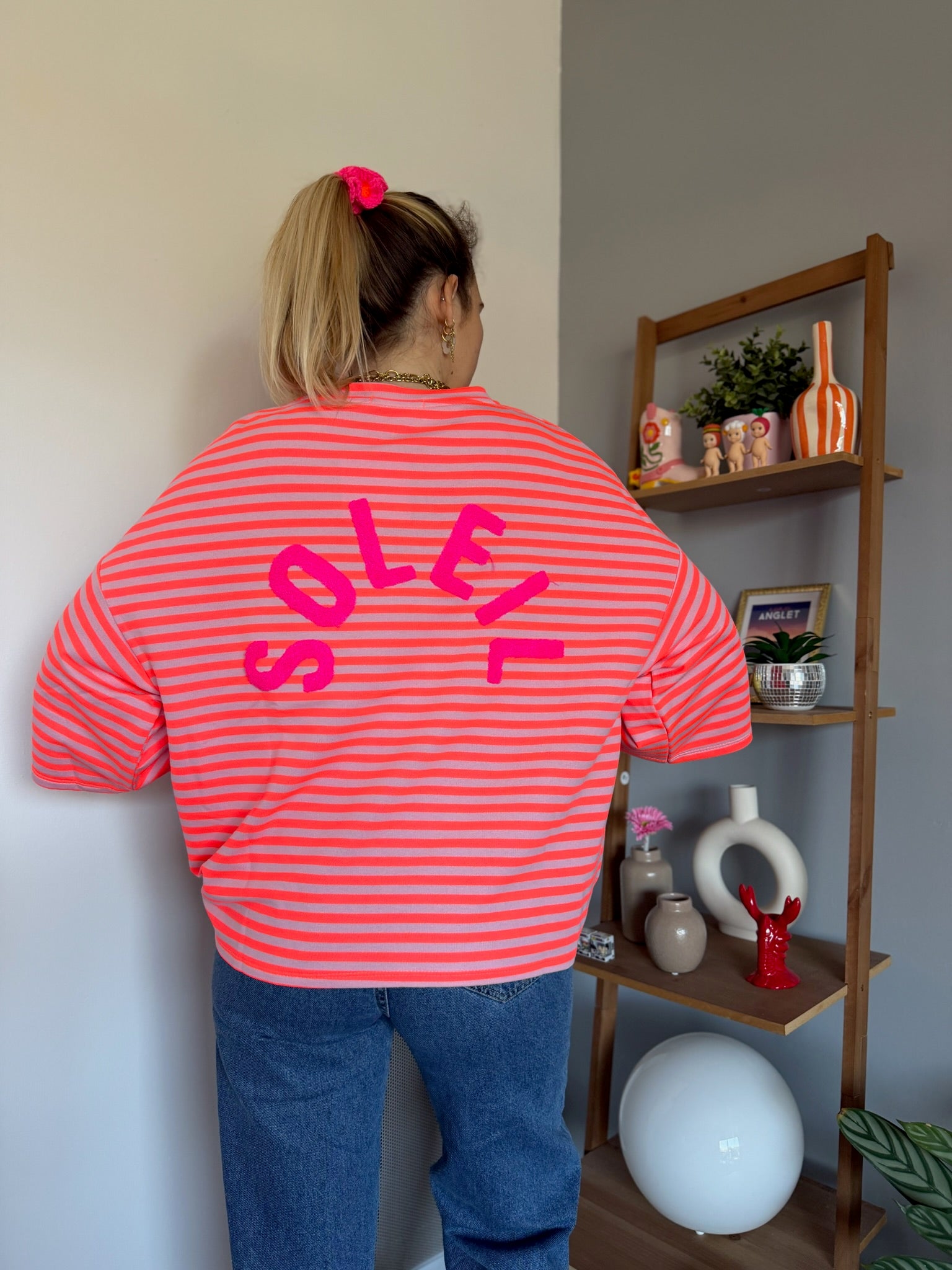 T-shirt marinière SOLEIL Corail fluo + Rose