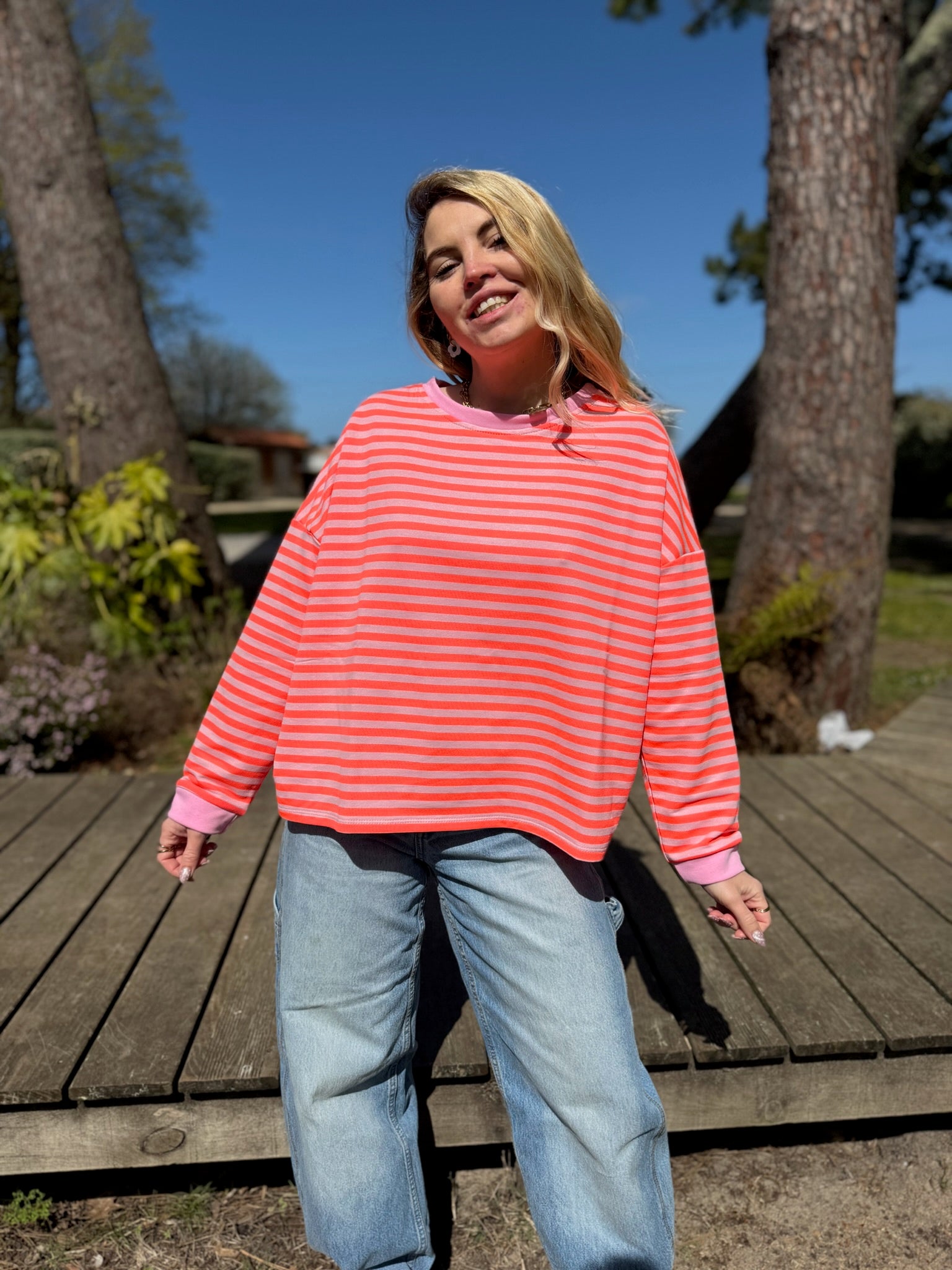 T-shirt manches longue SARAH Corail fluo + rose