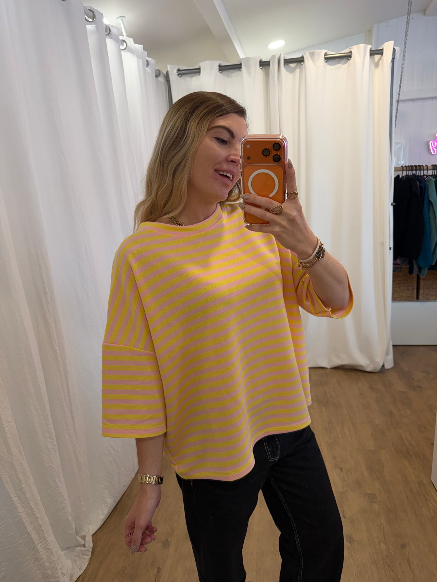 T-shirt LÉA marinière Rose + Jaune