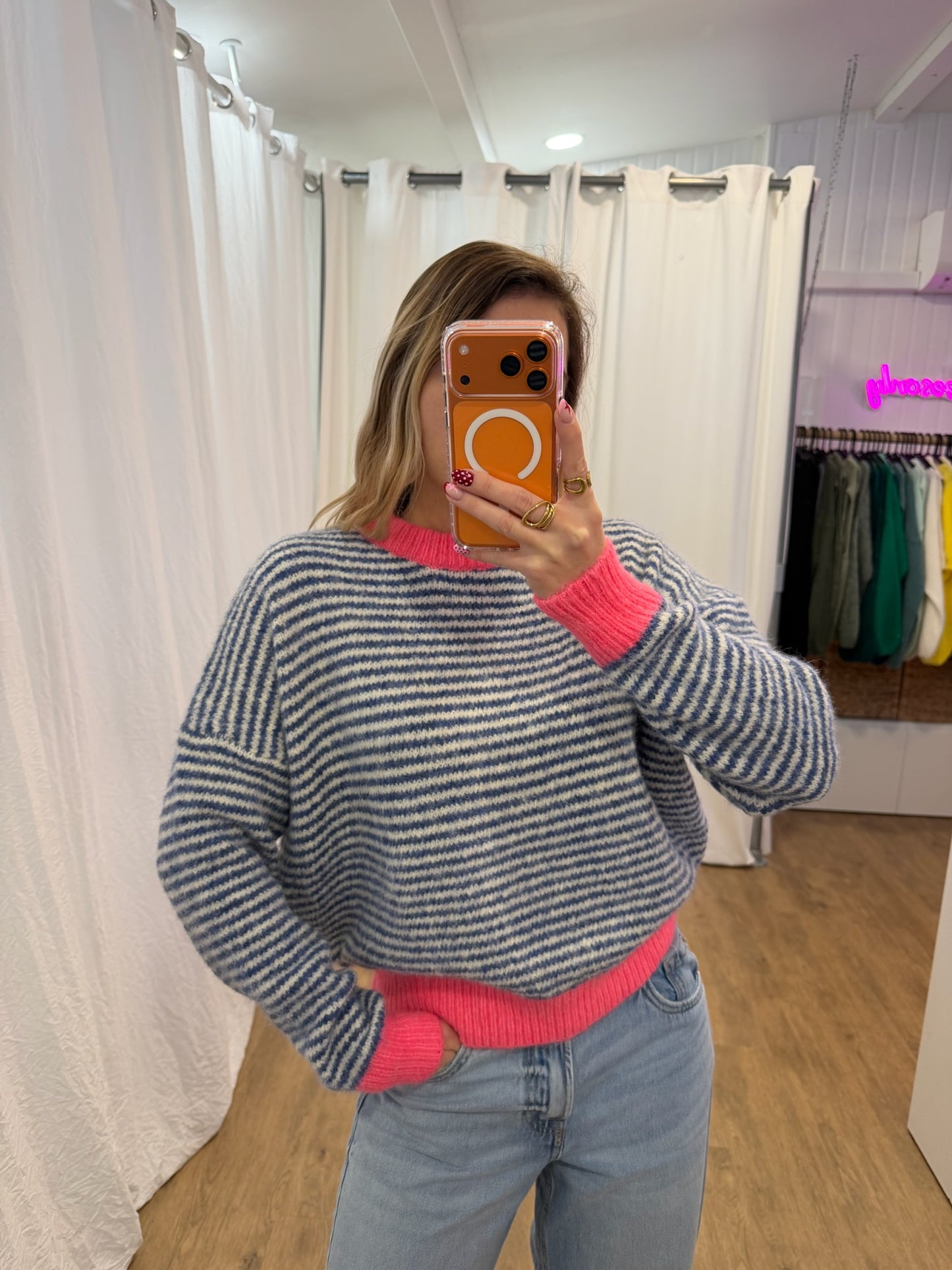 Pull SOLEN Bleu/Blanc/Rose fluo