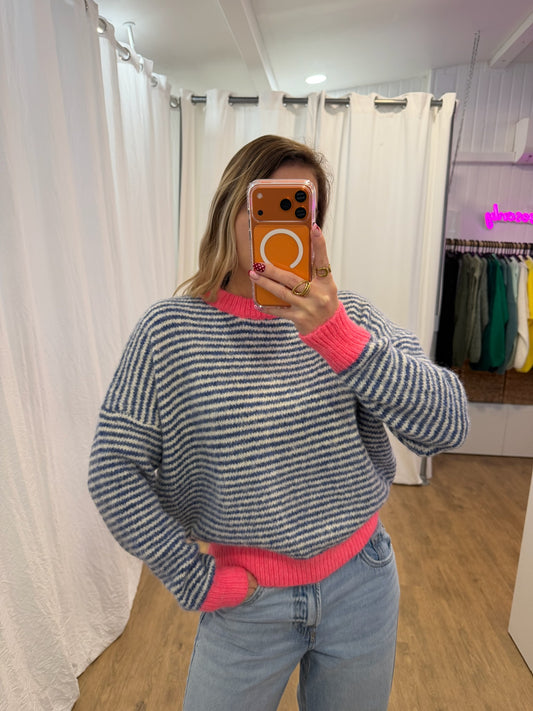 Pull SOLEN Bleu/Blanc/Rose fluo