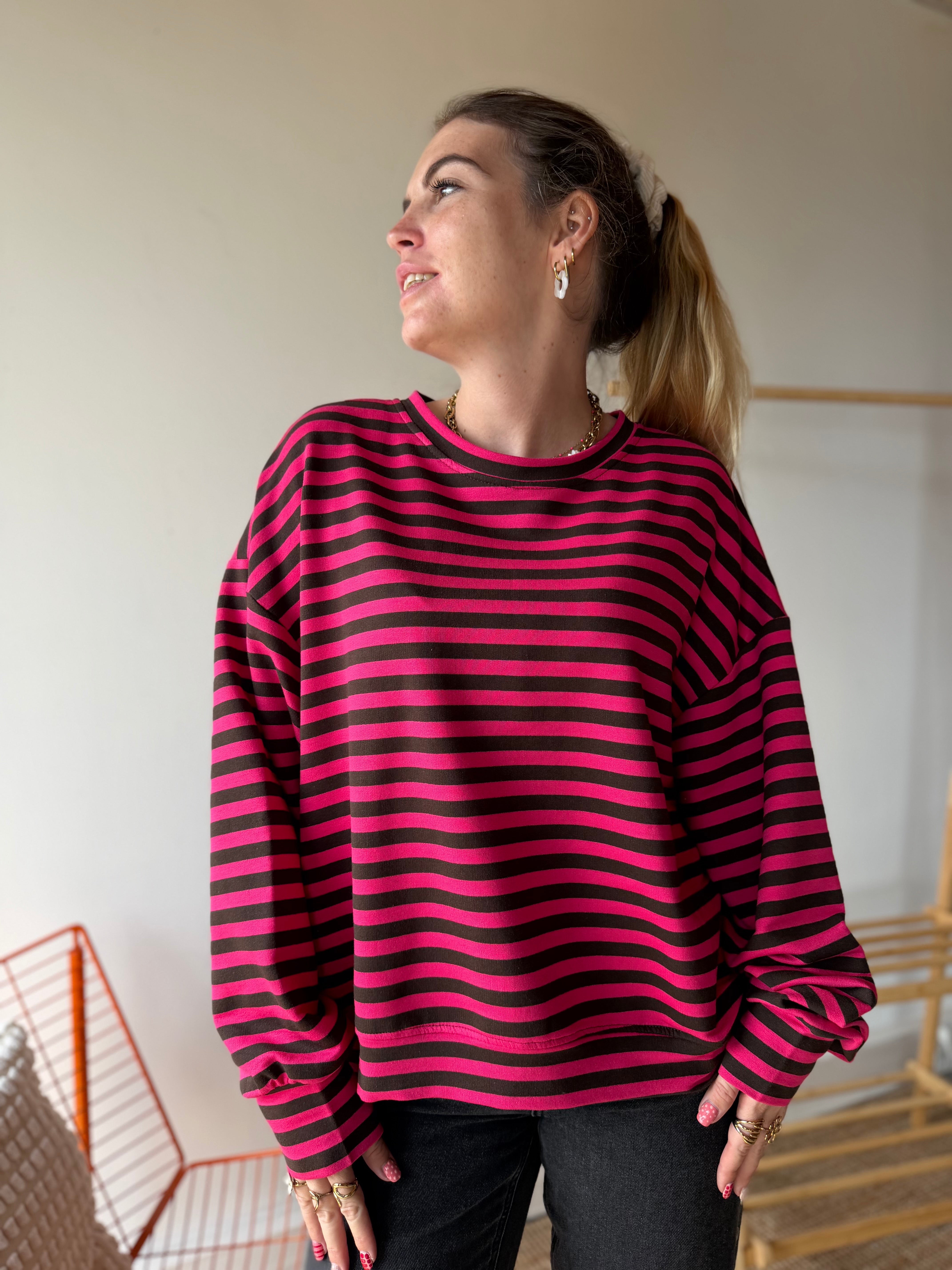 T-shirt marinière ICONIC Rose Fushia + Chocolat manches longues