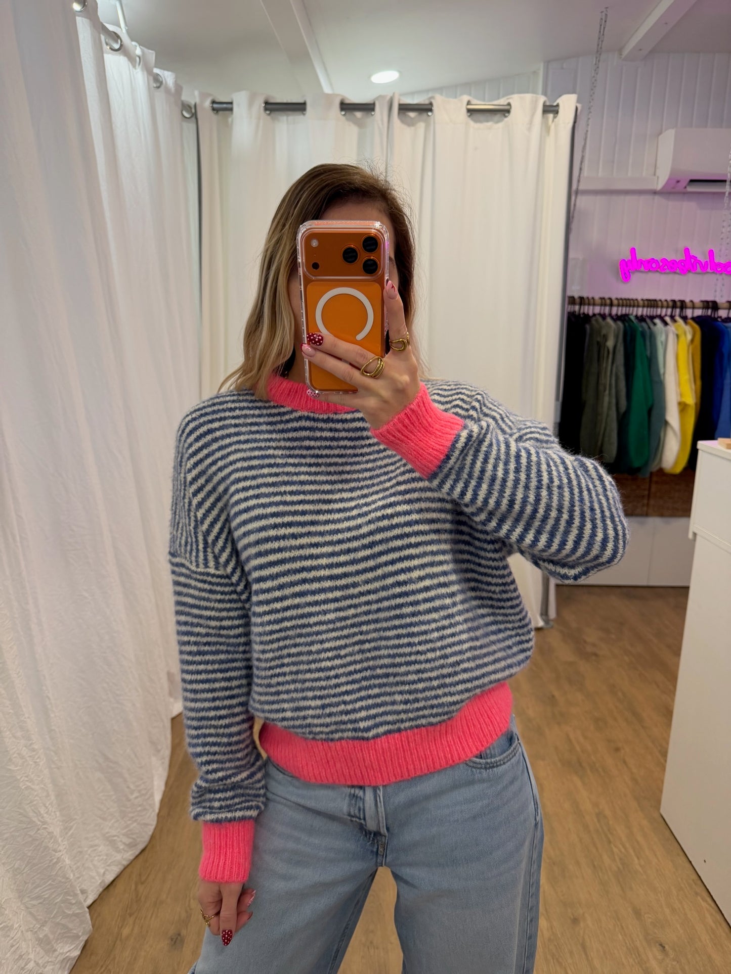 Pull SOLEN Bleu/Blanc/Rose fluo