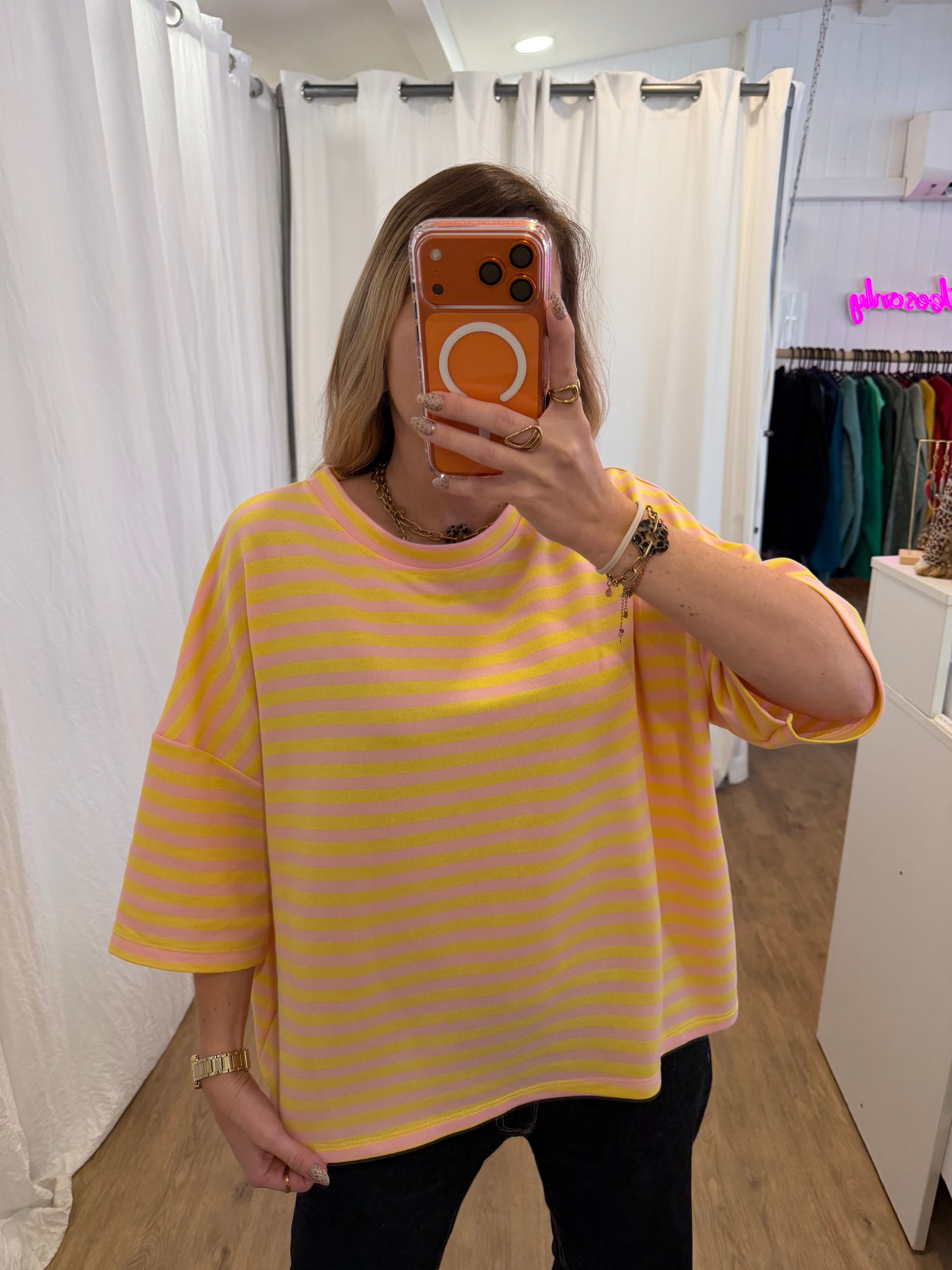 T-shirt LÉA marinière Rose + Jaune