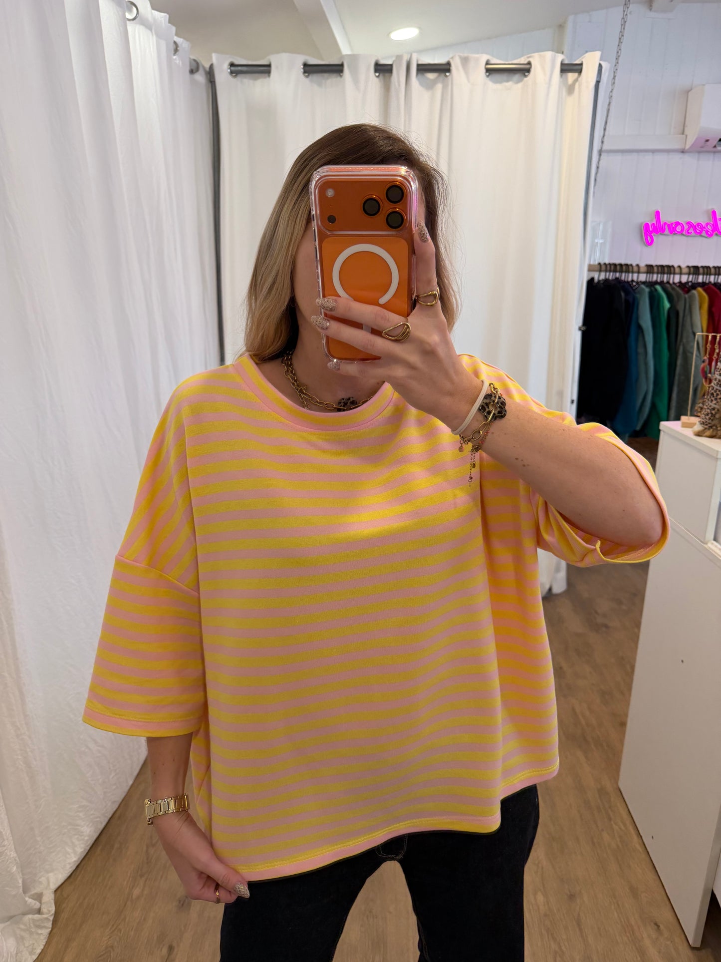 T-shirt LÉA marinière Rose + Jaune