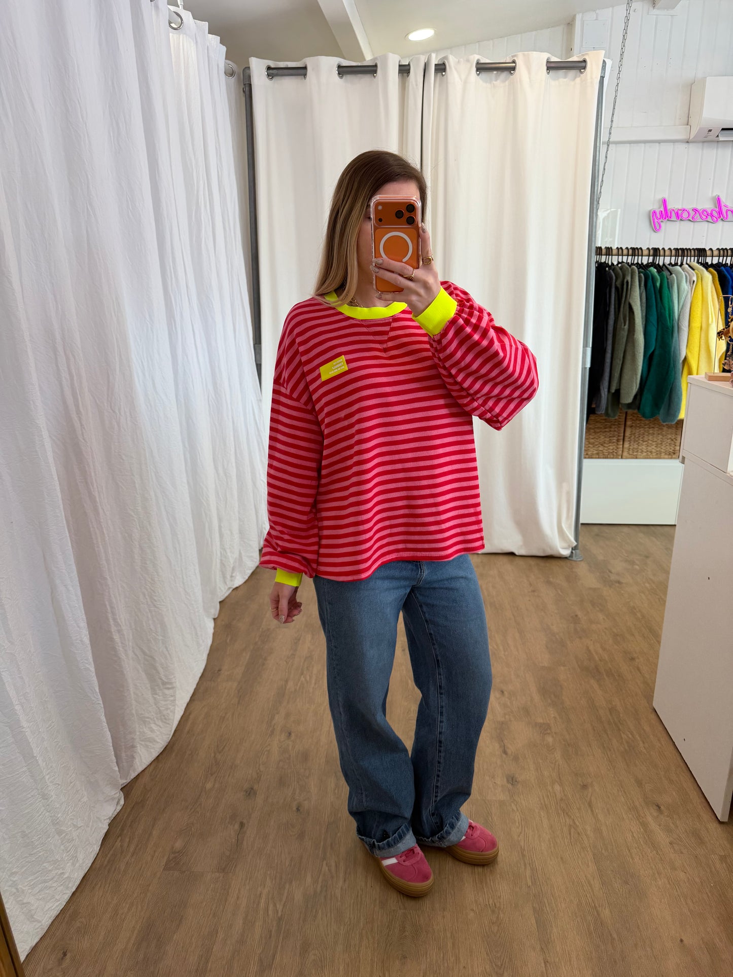 T-shirt manches longues YOURSELF marinière Rouge et Rose