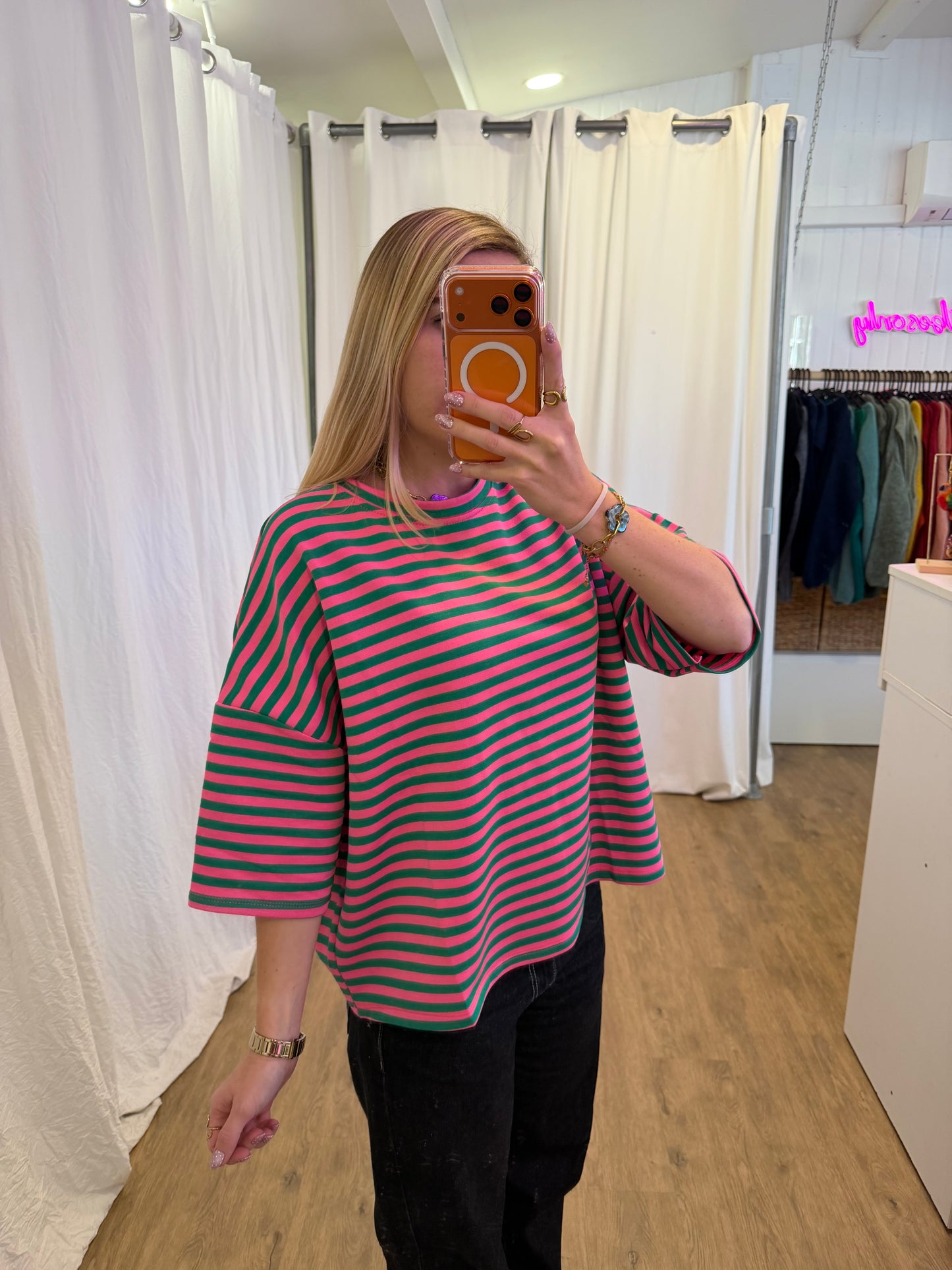 T-shirt LÉA marinière Rose + Vert sapin