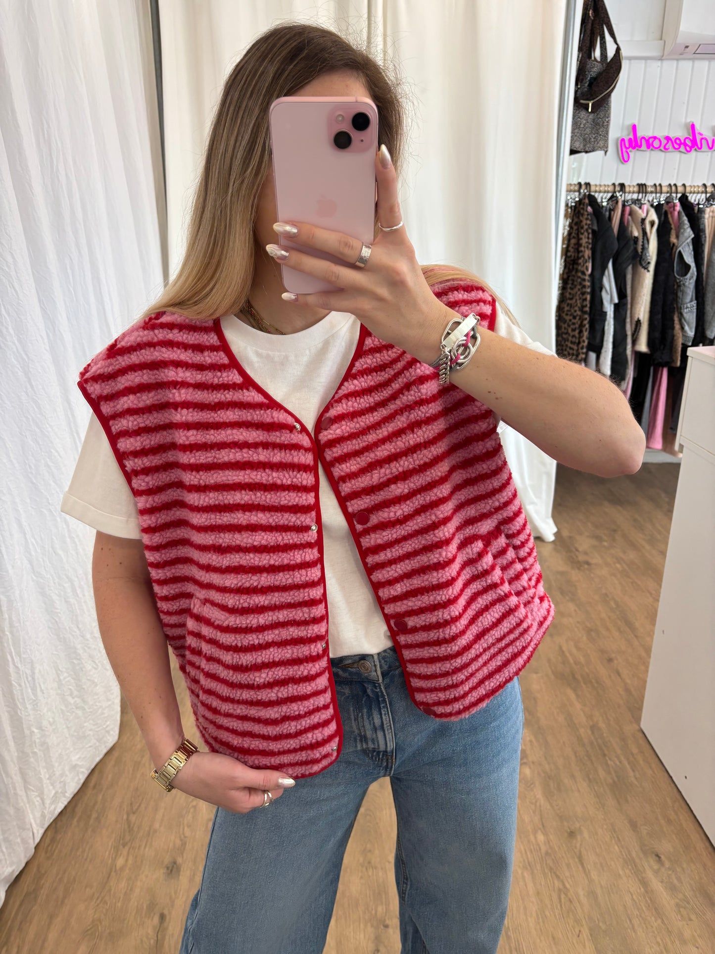 Veste sans manches ABY rayé Rouge et Rose