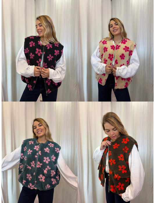 Veste moumoute sans manches FLEURS - 4 couleurs
