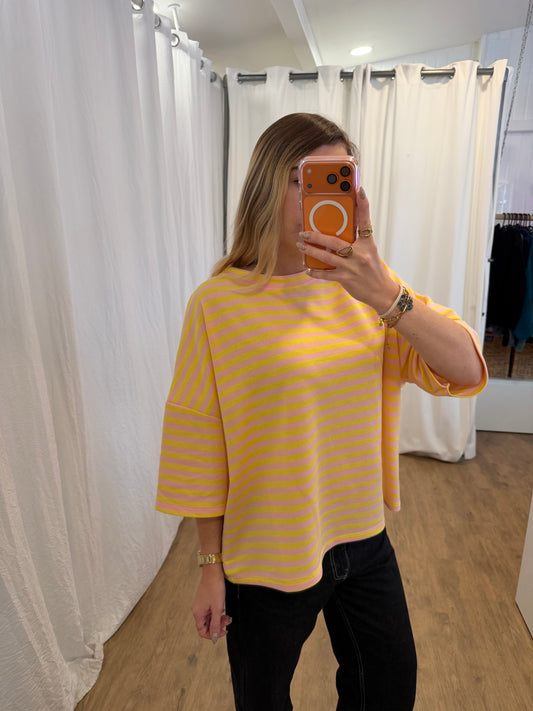 T-shirt LÉA marinière Rose + Jaune