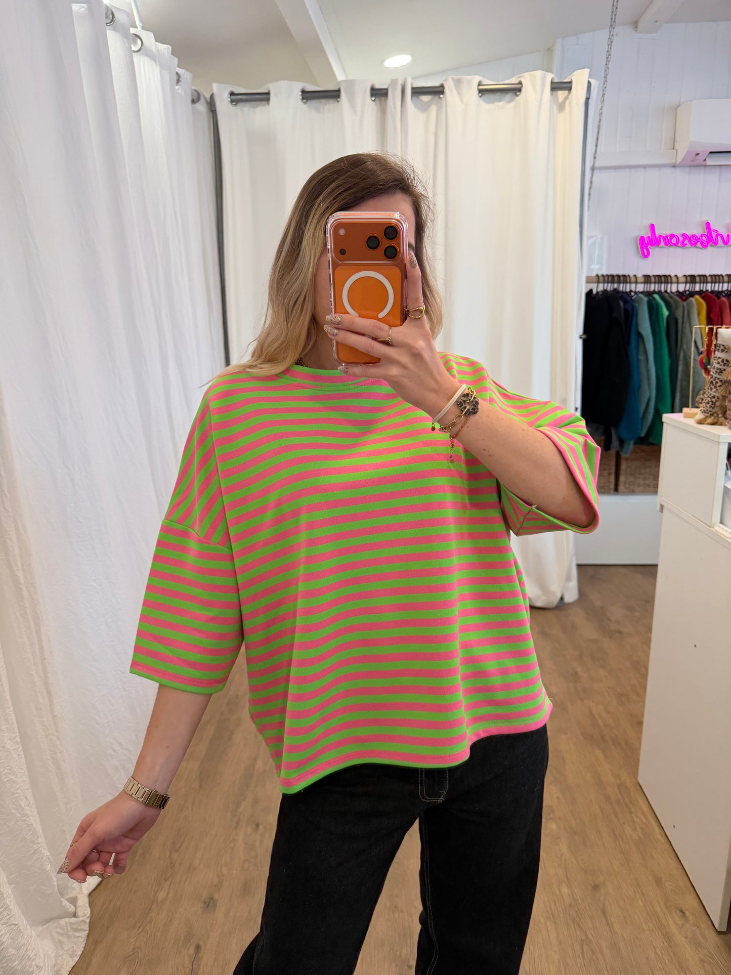 T-shirt LÉA marinière Vert + Rose