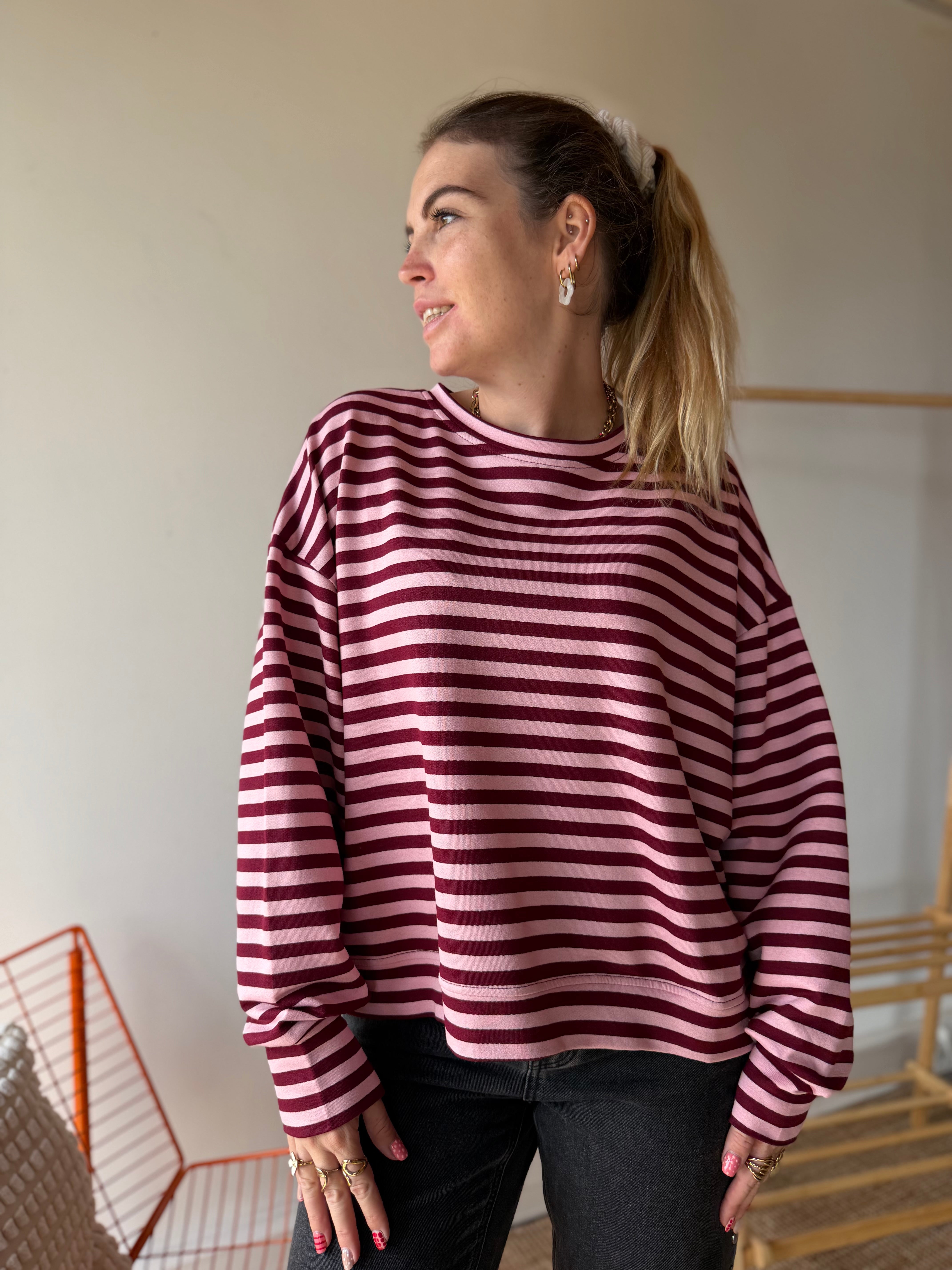 T-shirt marinière ICONIC Bordeaux + Rose bébé manches longues