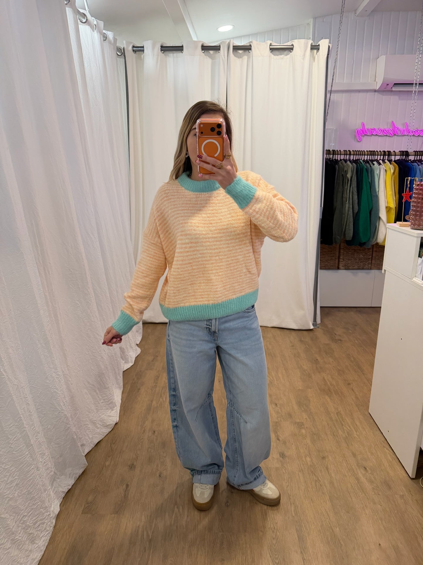 Pull SOLEN Saumon/Blanc/Bleu