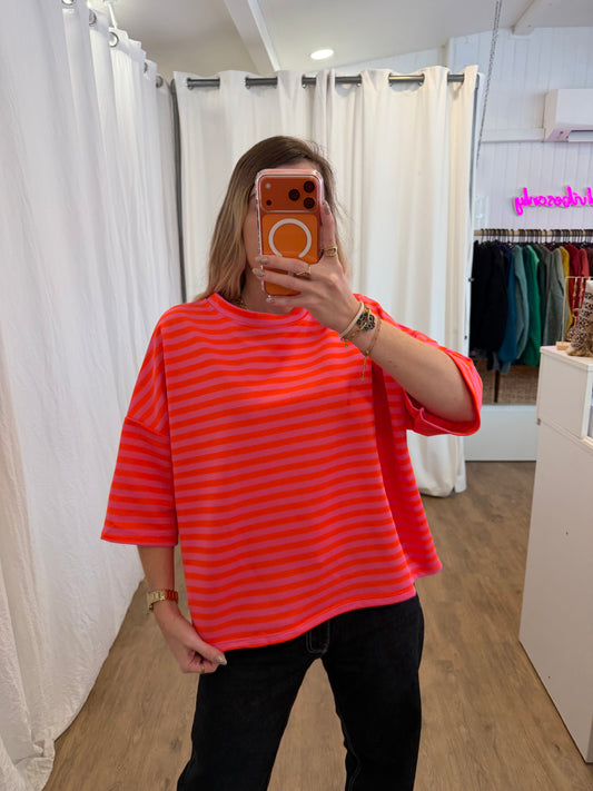 T-shirt LÉA marinière Orange + Rose