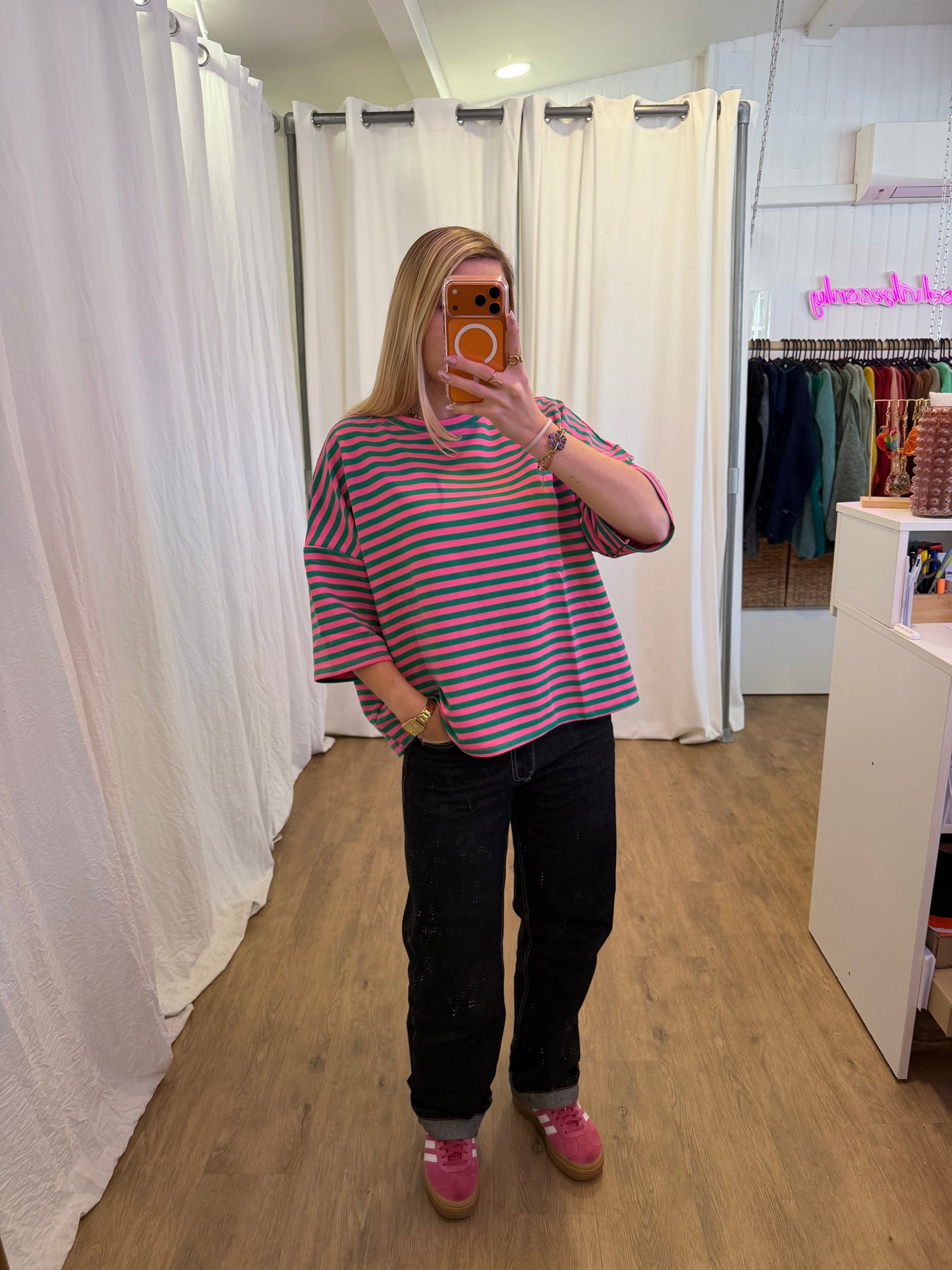 T-shirt LÉA marinière Rose + Vert sapin