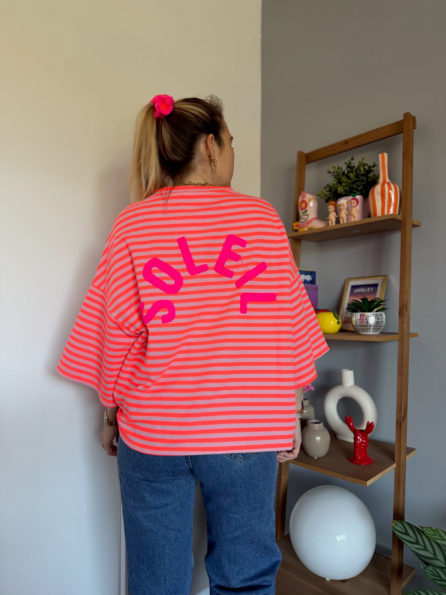 T-shirt marinière SOLEIL Corail fluo + Rose