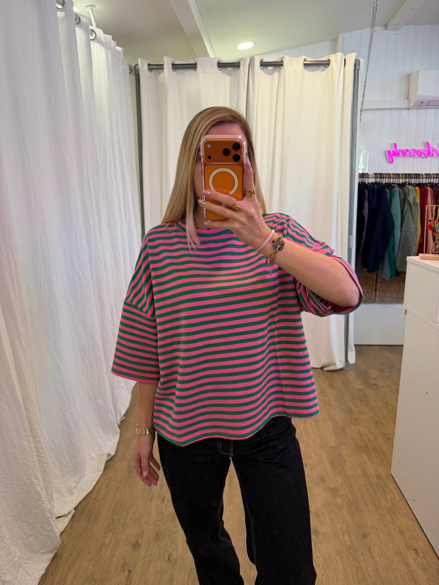 T-shirt LÉA marinière Rose + Vert sapin