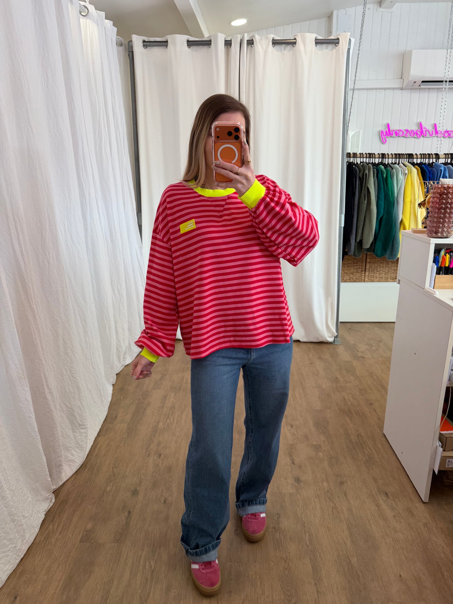 T-shirt manches longues YOURSELF marinière Rouge et Rose