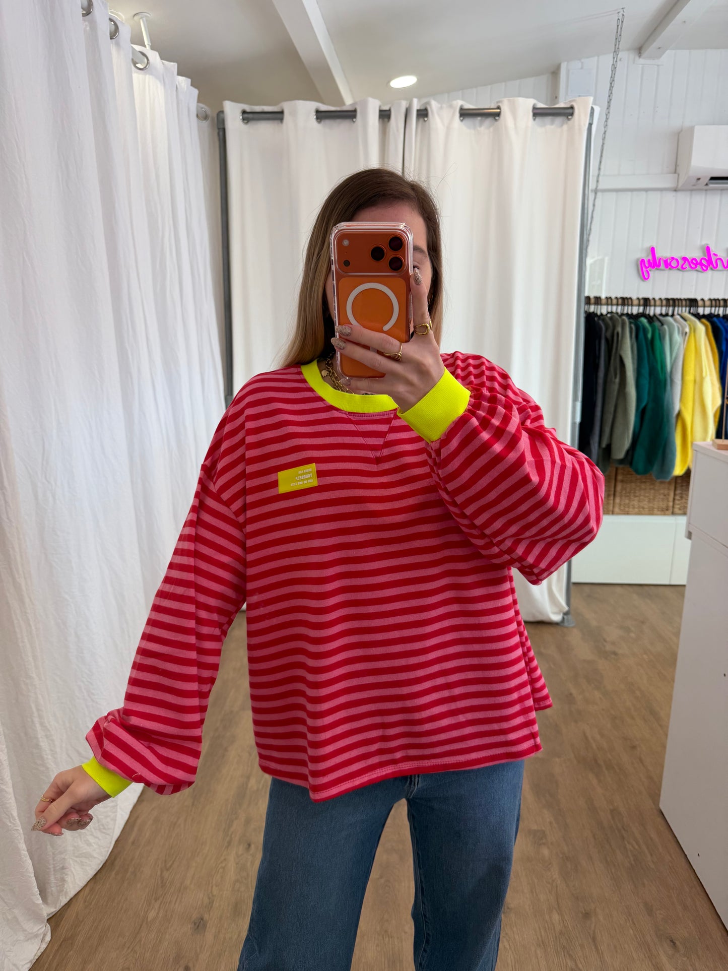 T-shirt manches longues YOURSELF marinière Rouge et Rose