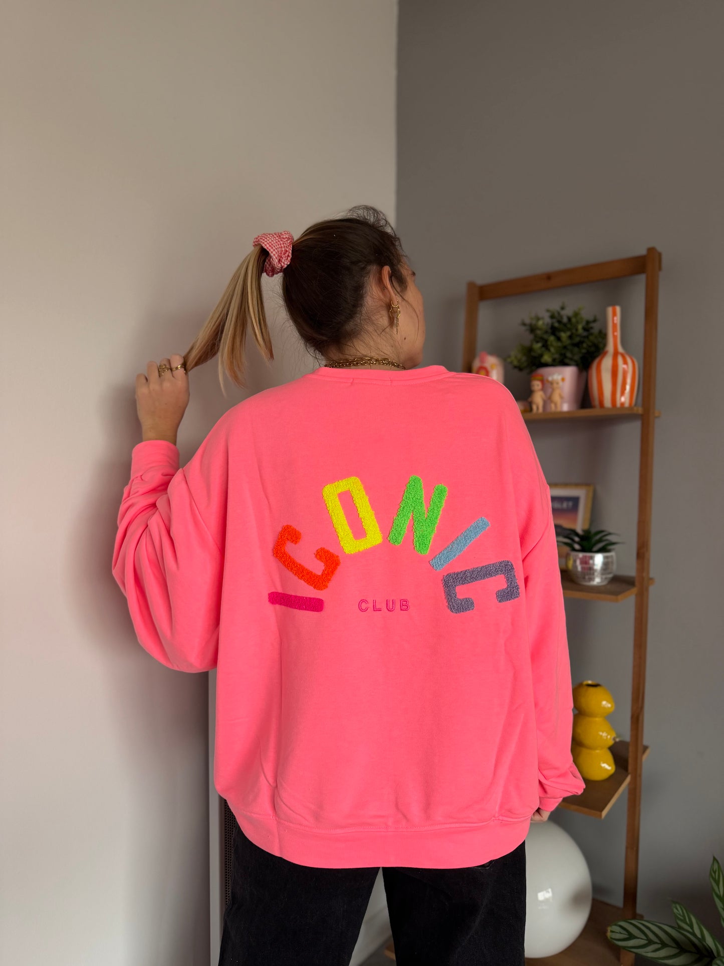 Sweat ICONIC Rose fluo clair + Jaune + Multicolore