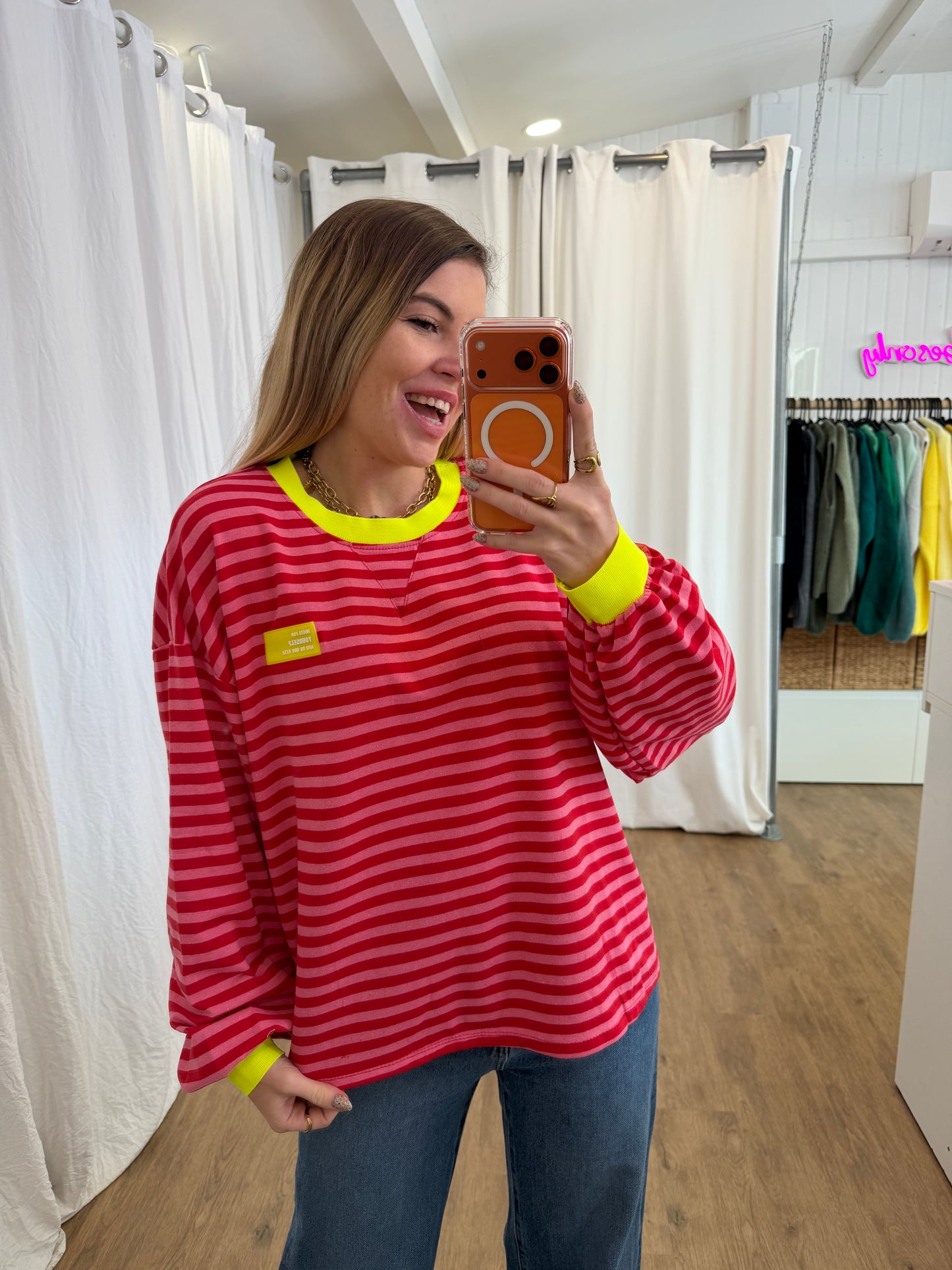 T-shirt manches longues YOURSELF marinière Rouge et Rose