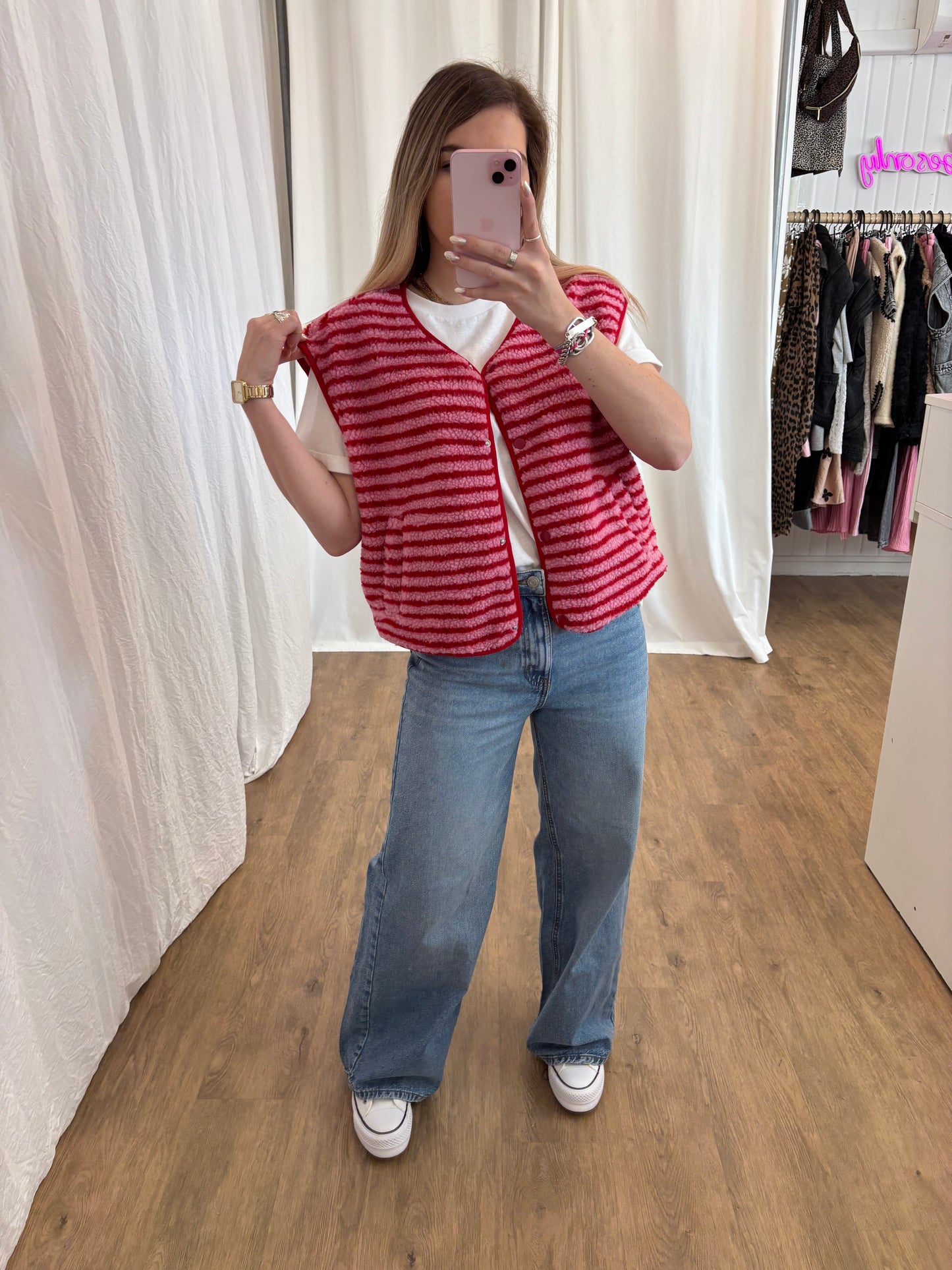 Veste sans manches ABY rayé Rouge et Rose
