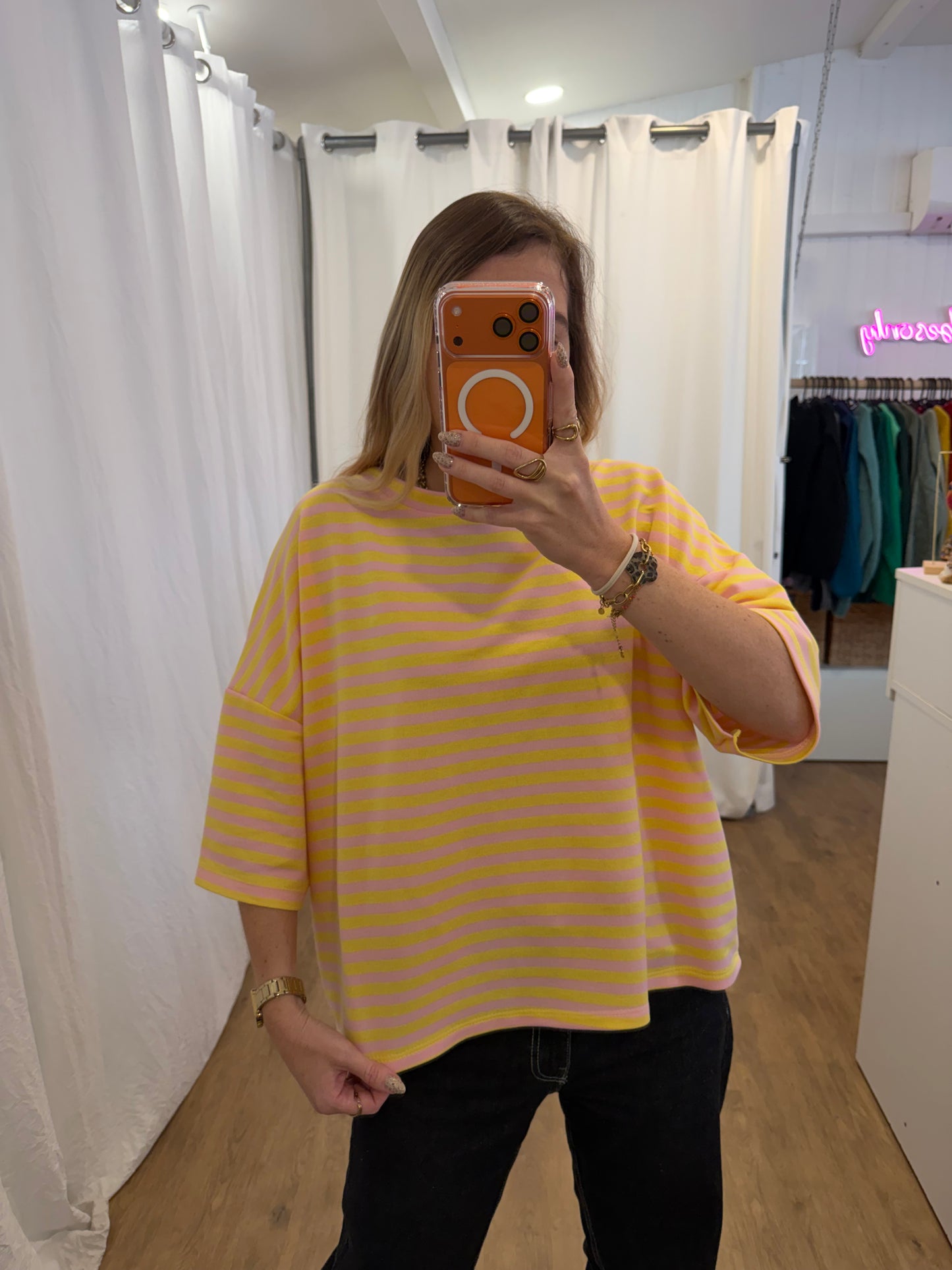 T-shirt LÉA marinière Rose + Jaune