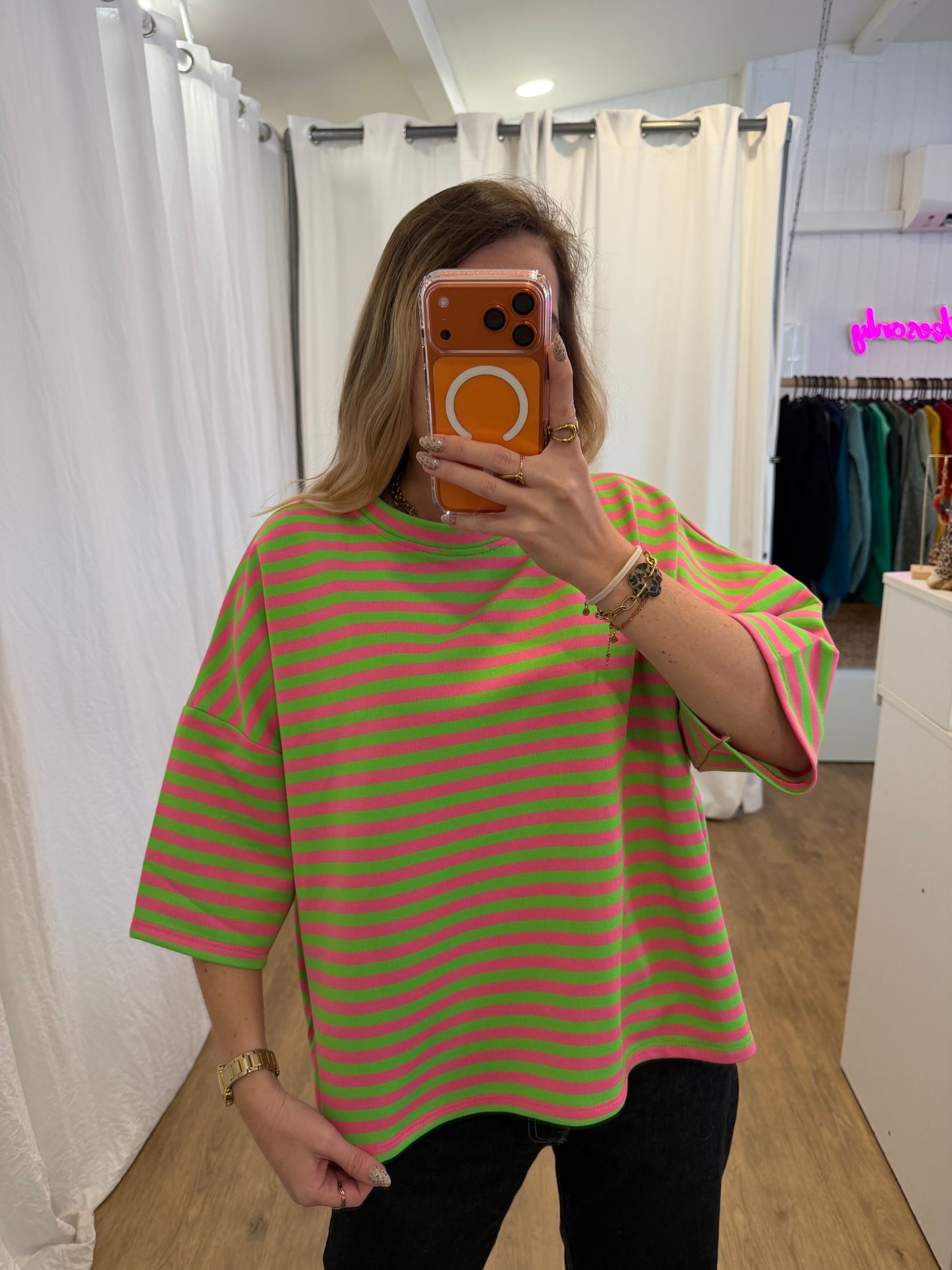 T-shirt LÉA marinière Vert + Rose