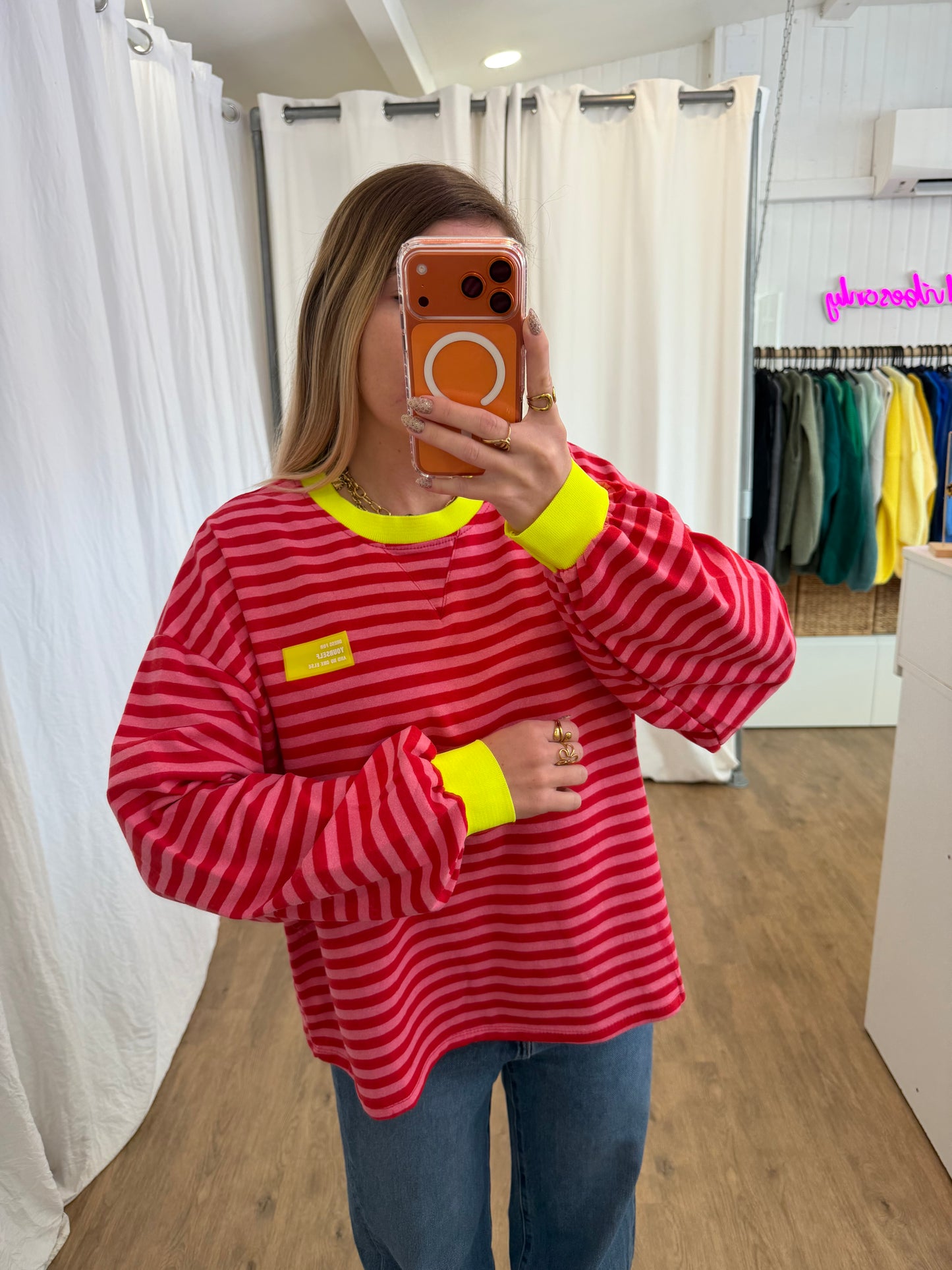 T-shirt manches longues YOURSELF marinière Rouge et Rose