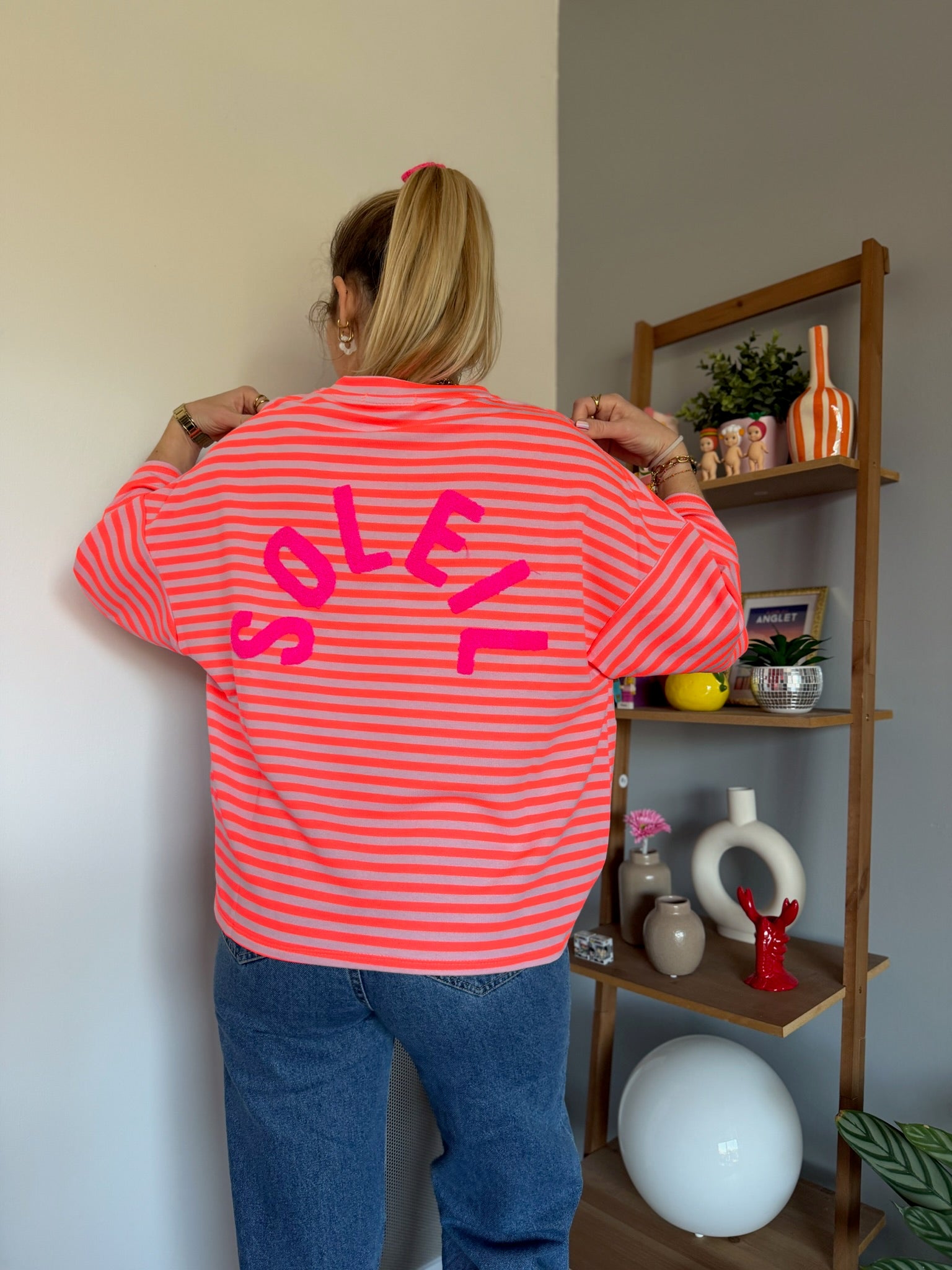 T-shirt marinière SOLEIL Corail fluo + Rose